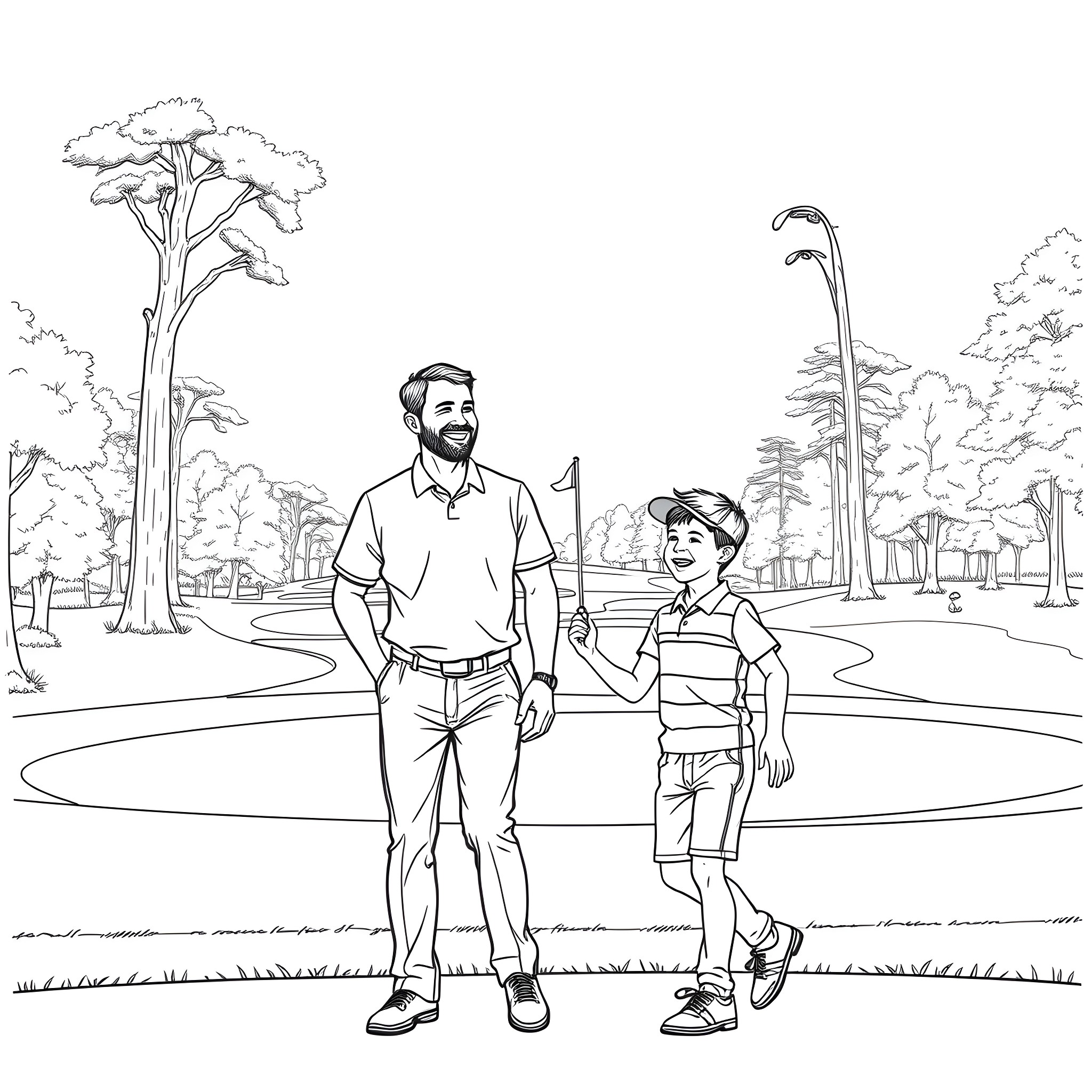 Father and Son Exploring the Outdoors Coloring Page (free black-and-white line drawing printable PDF for all, from beginners to advanced learners, including children, teens, adults, and seniors)
