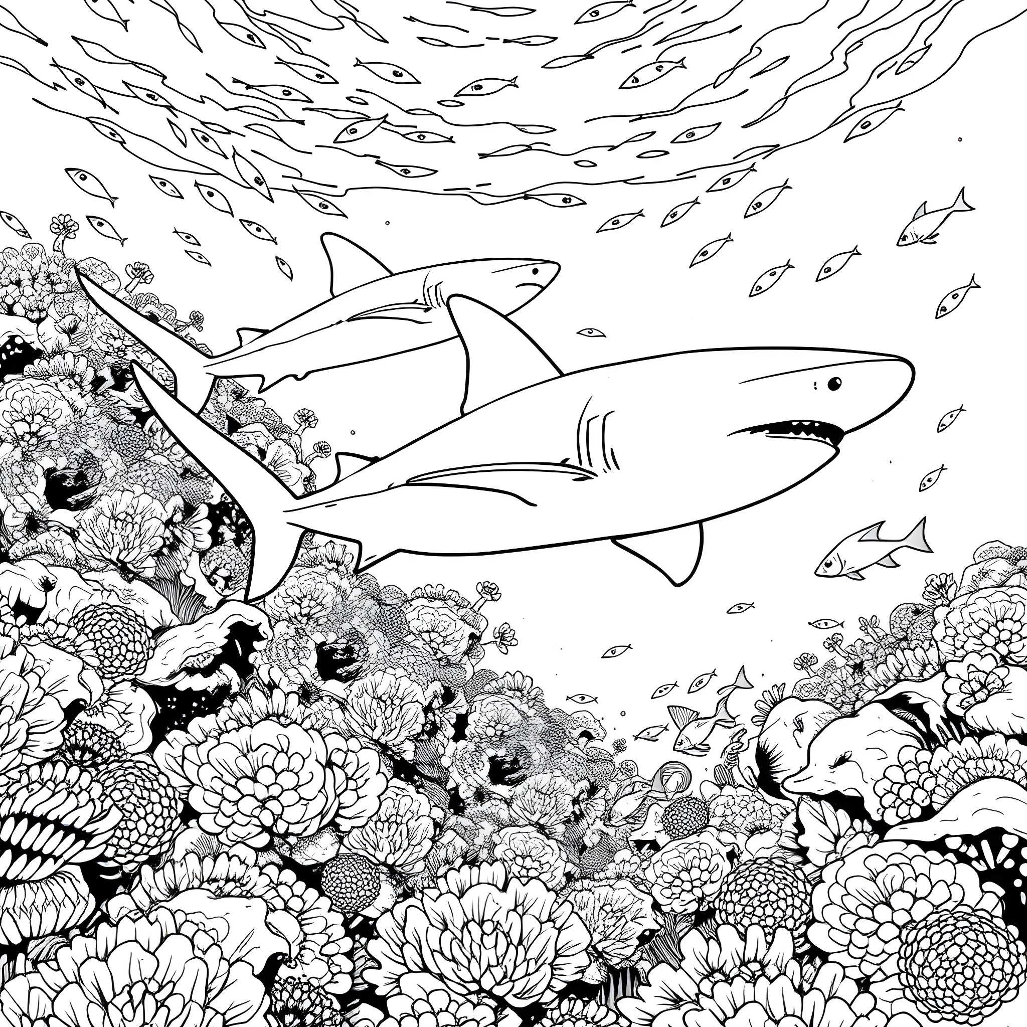 Shark swimming among vibrant marine life Coloring Page (free black-and-white line drawing printable PDF for all, from beginners to advanced learners, including children, teens, adults, and seniors)