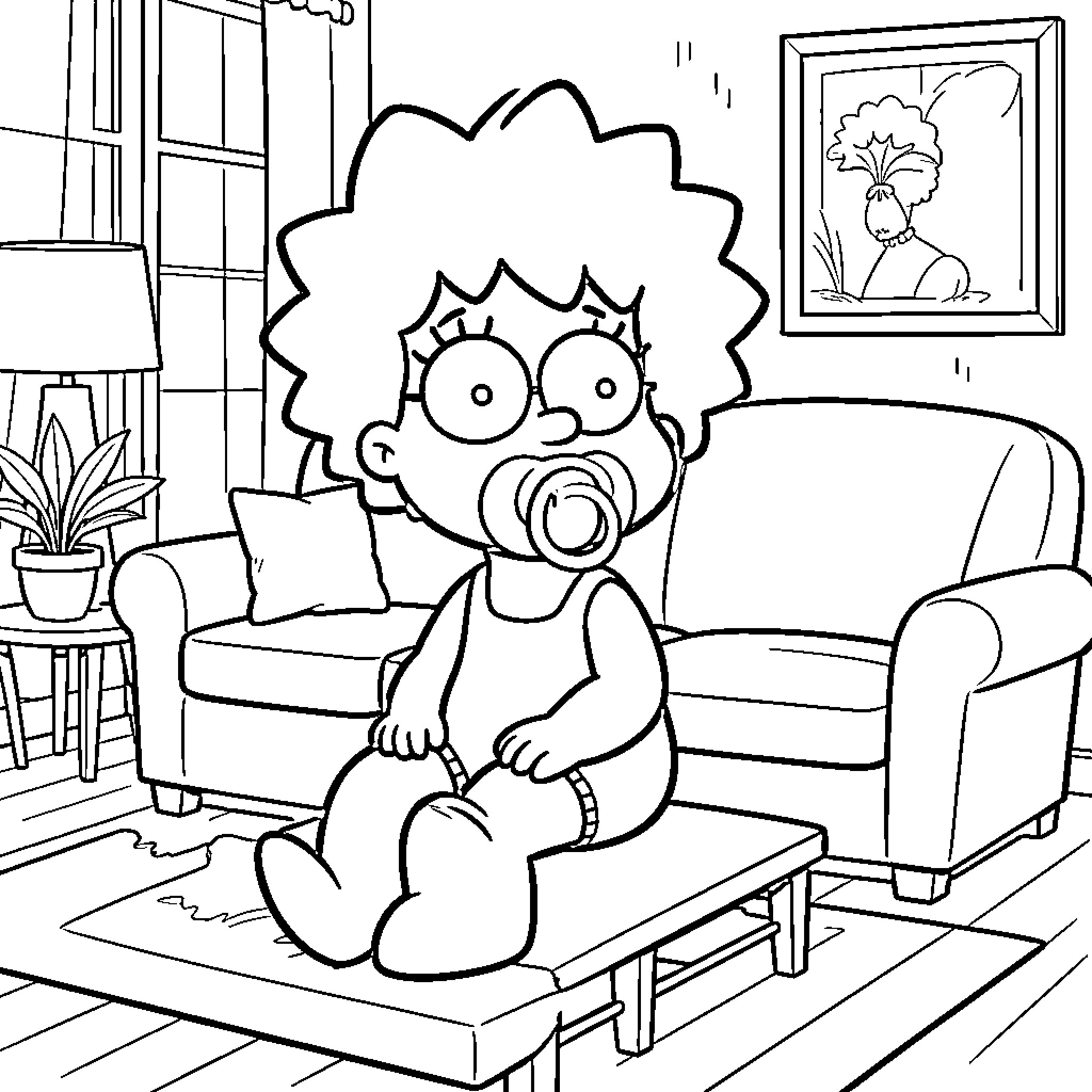 Maggie Simpson sitting on a table with a pacifier Coloring Page (free black-and-white line drawing printable PDF for all, from beginners to advanced learners, including children, teens, adults, and seniors)