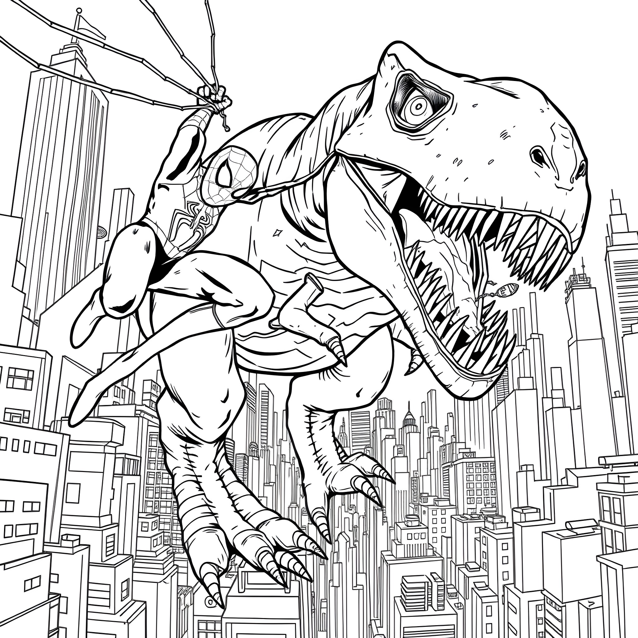 Spider-Man battling a gigantic dinosaur in the city Coloring Page (free black-and-white line drawing printable PDF for all, from beginners to advanced learners, including children, teens, adults, and seniors)
