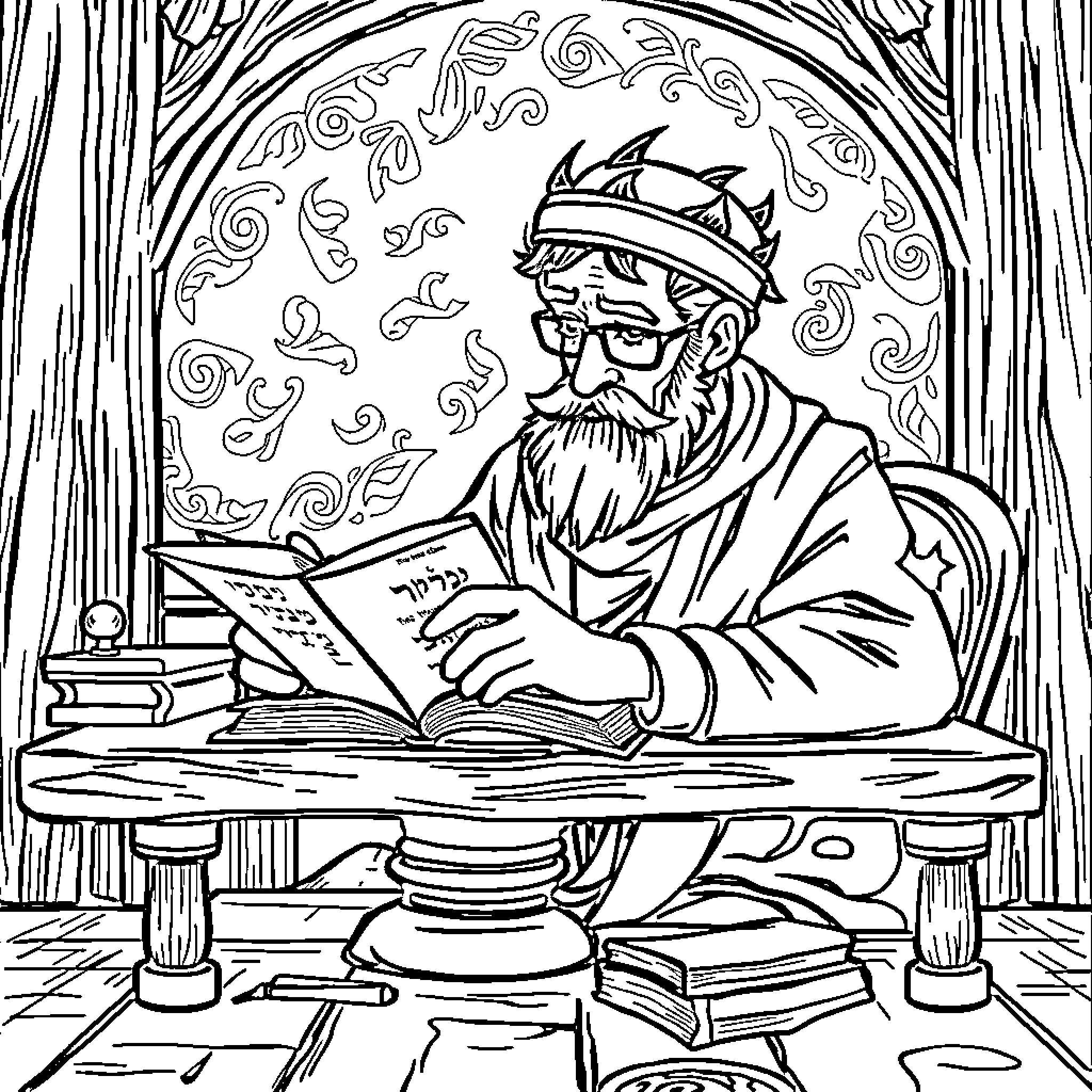 Zoro the Wise Scholar Reading Intently Coloring Page (free black-and-white line drawing printable PDF for all, from beginners to advanced learners, including children, teens, adults, and seniors)