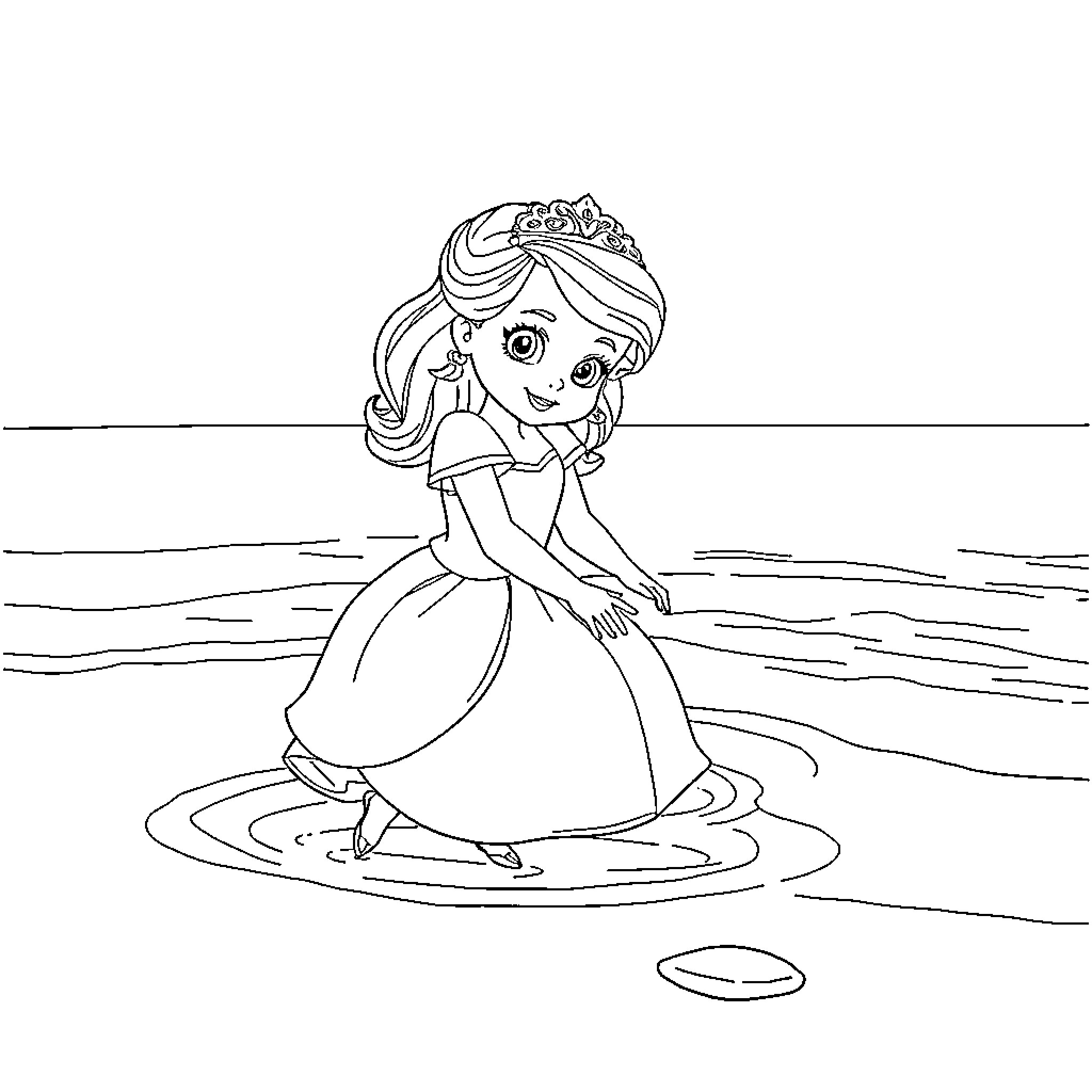 Princess Sofia walking through shallow ocean waves Coloring Page (free black-and-white line drawing printable PDF for all, from beginners to advanced learners, including children, teens, adults, and seniors)