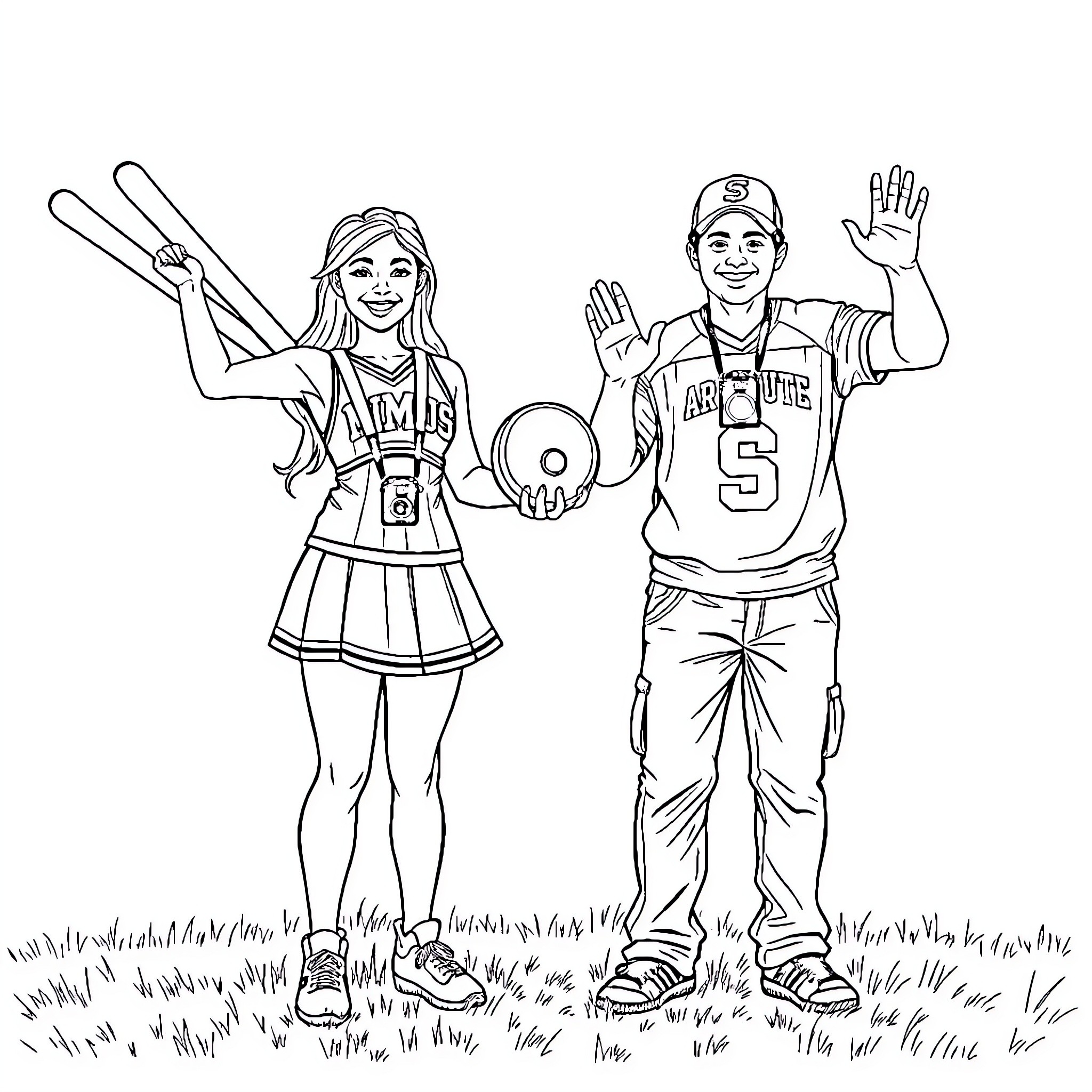 Teddy Bear Cheerleader and Baseball Player Pose Outdoors Coloring Page (free black-and-white line drawing printable PDF for all, from beginners to advanced learners, including children, teens, adults, and seniors)