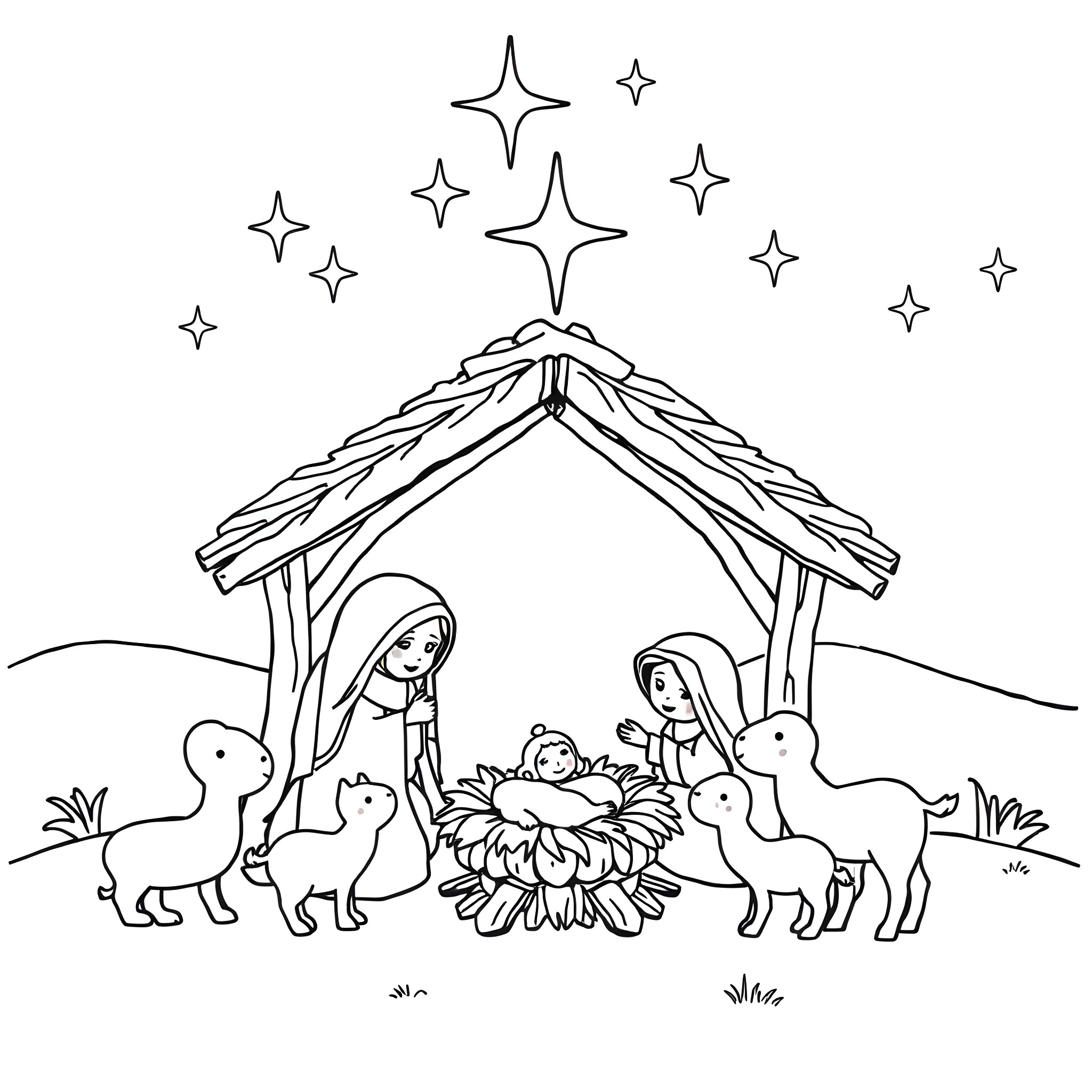 Christ's Nativity Scene with Holy Family and Animals Coloring Page (free black-and-white line drawing printable PDF for all, from beginners to advanced learners, including children, teens, adults, and seniors)