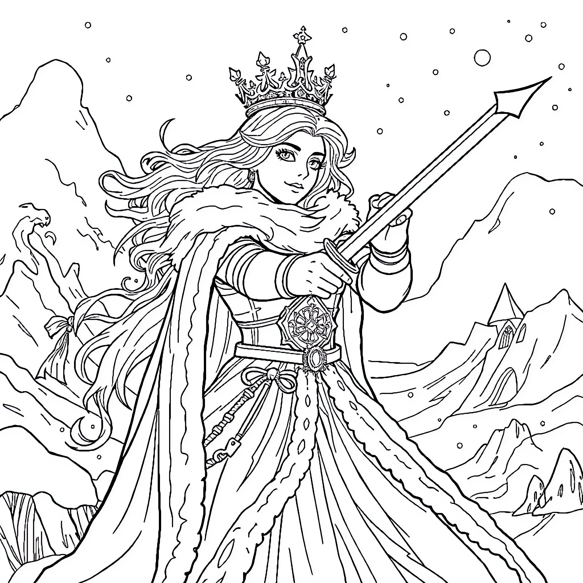 Queen wielding sword in snowy winter landscape Coloring Page (free black-and-white line drawing printable PDF for all, from beginners to advanced learners, including children, teens, adults, and seniors)