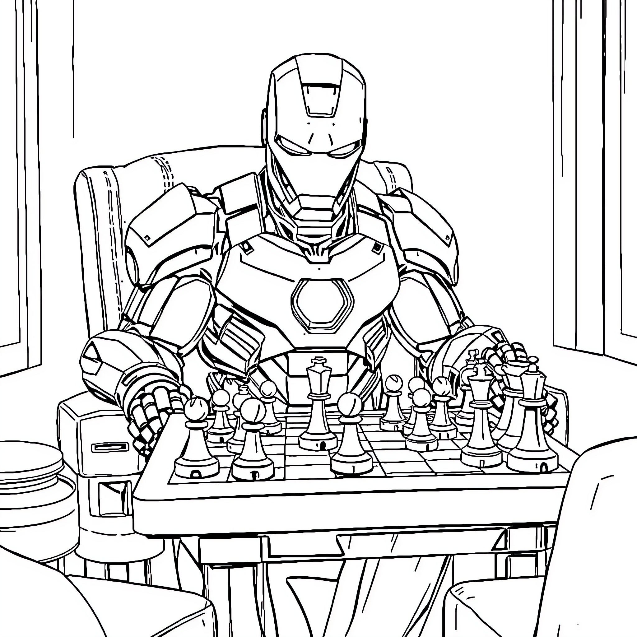 Iron Man playing chess in his suit Coloring Page (free black-and-white line drawing printable PDF for all, from beginners to advanced learners, including children, teens, adults, and seniors)