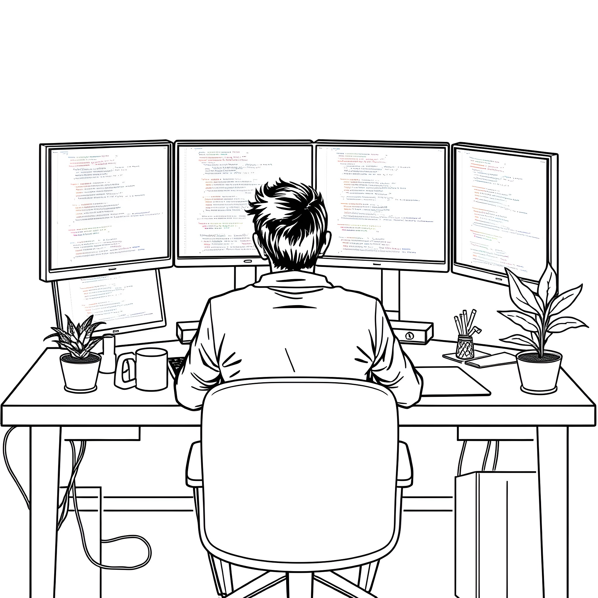 Programming Workspace with Multiple Screens Coloring Page (free black-and-white line drawing printable PDF for all, from beginners to advanced learners, including children, teens, adults, and seniors)