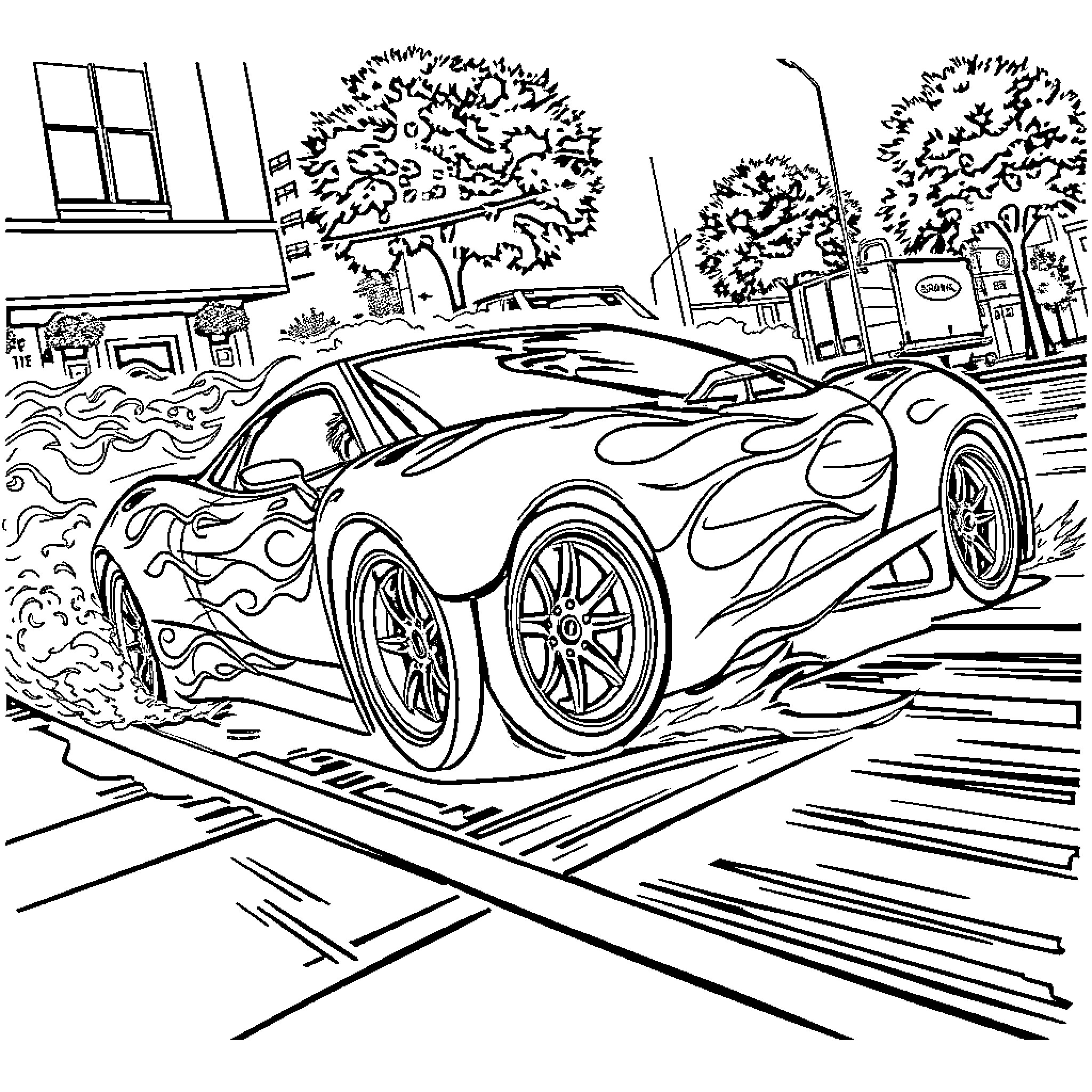 Sports Car on the Move Through the City Coloring Page (free black-and-white line drawing printable PDF for all, from beginners to advanced learners, including children, teens, adults, and seniors)