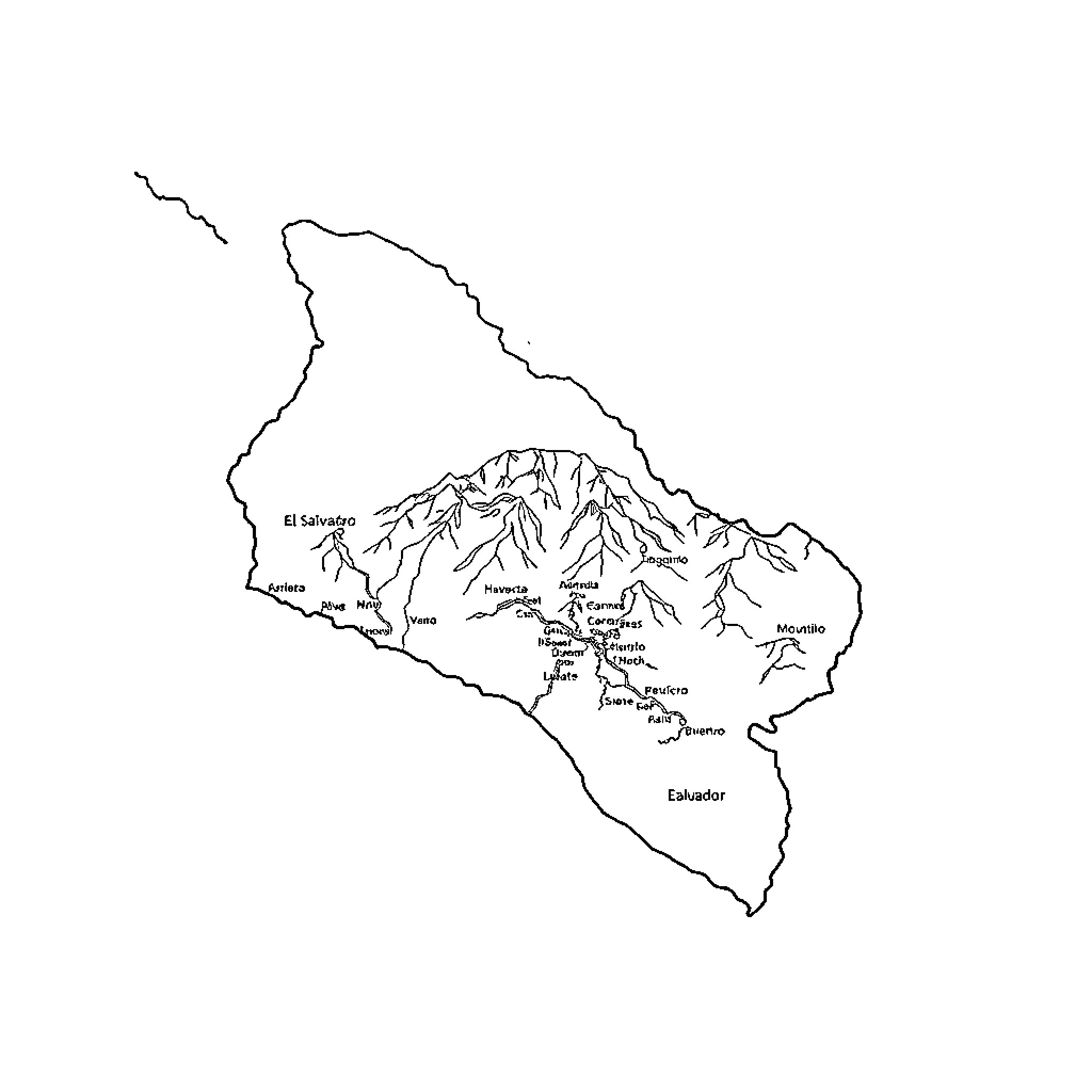 El Salvador Outline Map with Geographic Features Coloring Page (free black-and-white line drawing printable PDF for all, from beginners to advanced learners, including children, teens, adults, and seniors)