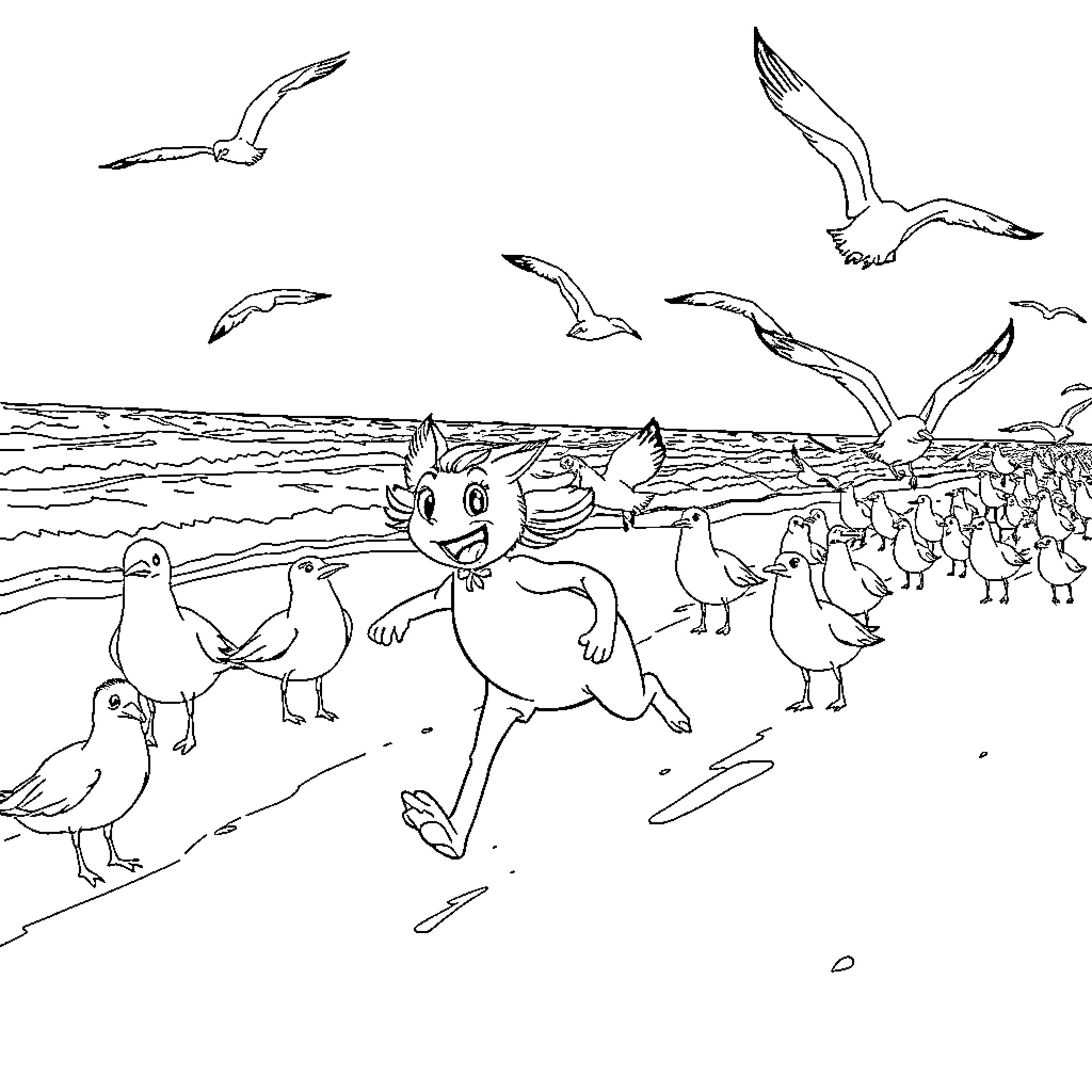Mamamoo performing on the beach with seagulls Coloring Page (free black-and-white line drawing printable PDF for all, from beginners to advanced learners, including children, teens, adults, and seniors)