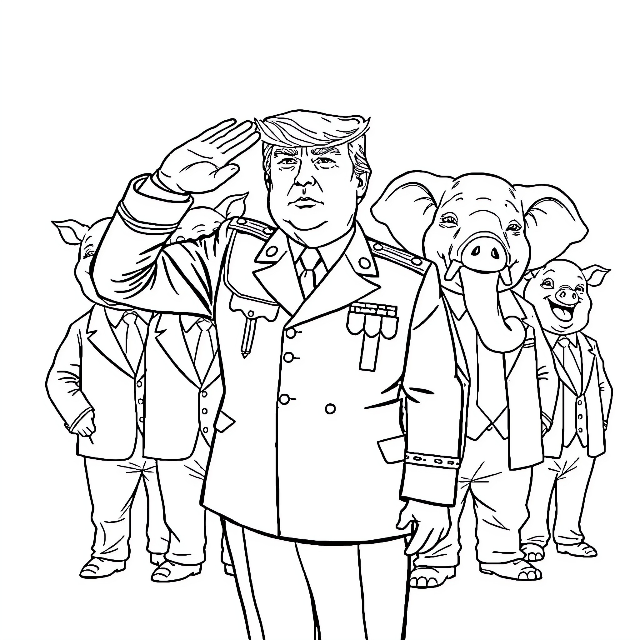 Donald Trump with Animal Companions in Formal Attire Coloring Page (free black-and-white line drawing printable PDF for all, from beginners to advanced learners, including children, teens, adults, and seniors)