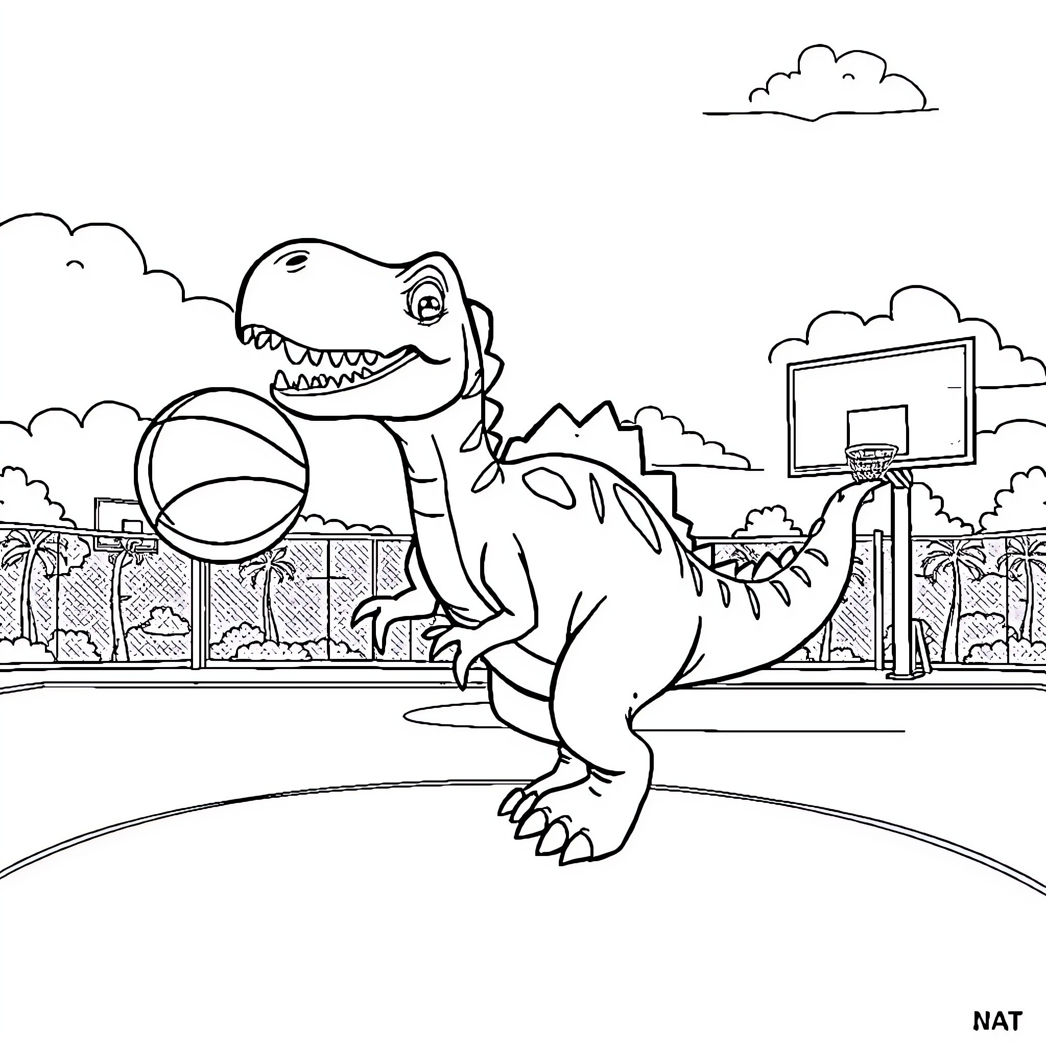 Dino playing basketball in the park Coloring Page (free black-and-white line drawing printable PDF for all, from beginners to advanced learners, including children, teens, adults, and seniors)