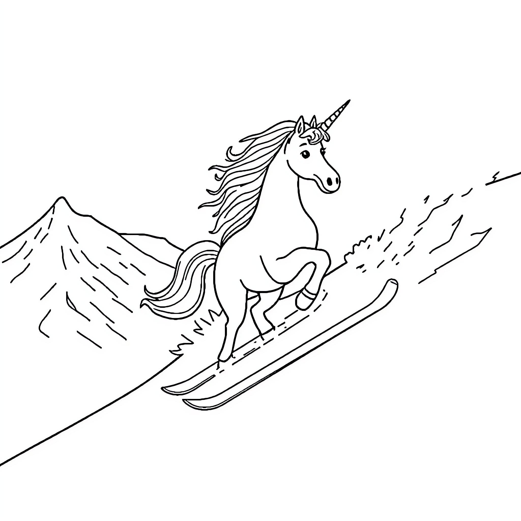 Unicorn skiing down a snowy mountain Coloring Page (free black-and-white line drawing printable PDF for all, from beginners to advanced learners, including children, teens, adults, and seniors)