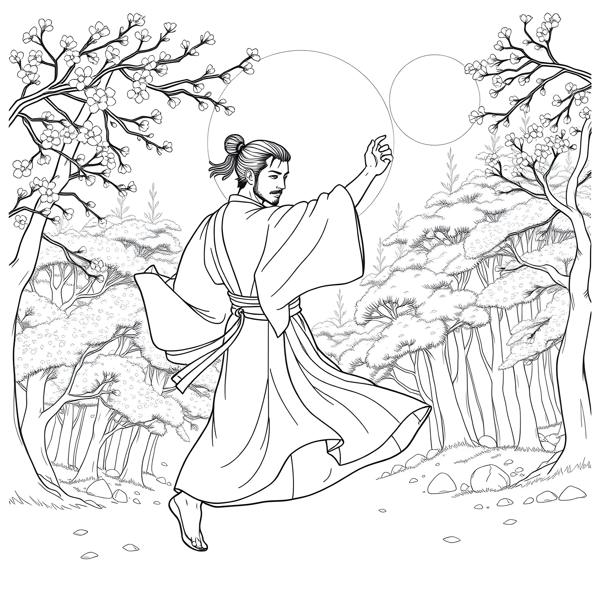 Tanjiro in a Serene Japanese Landscape Coloring Page (free black-and-white line drawing printable PDF for all, from beginners to advanced learners, including children, teens, adults, and seniors)