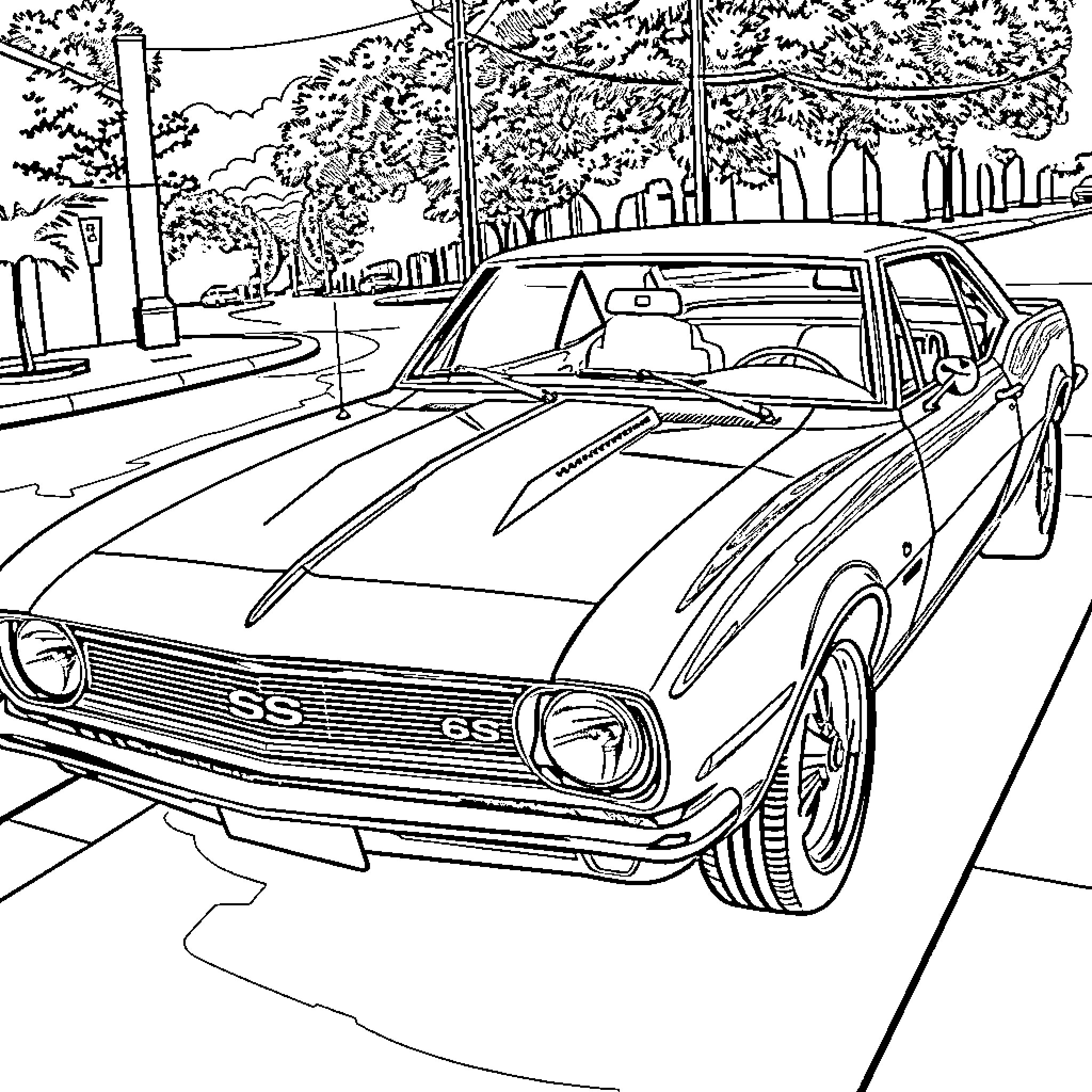 Camaro racing on the street with trees Coloring Page (free black-and-white line drawing printable PDF for all, from beginners to advanced learners, including children, teens, adults, and seniors)
