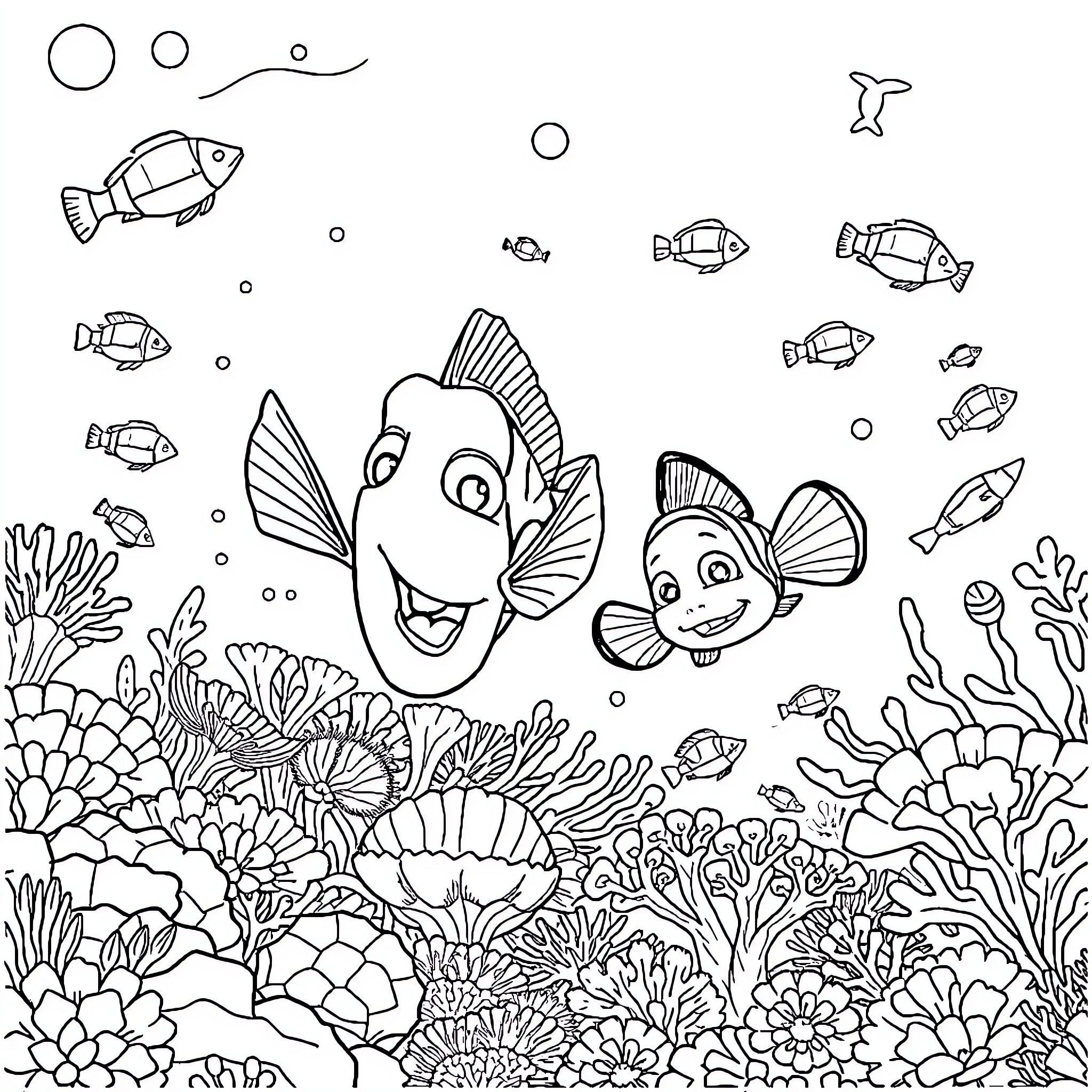 Dory and Nemo explore the vibrant underwater coral reef Coloring Page (free black-and-white line drawing printable PDF for all, from beginners to advanced learners, including children, teens, adults, and seniors)