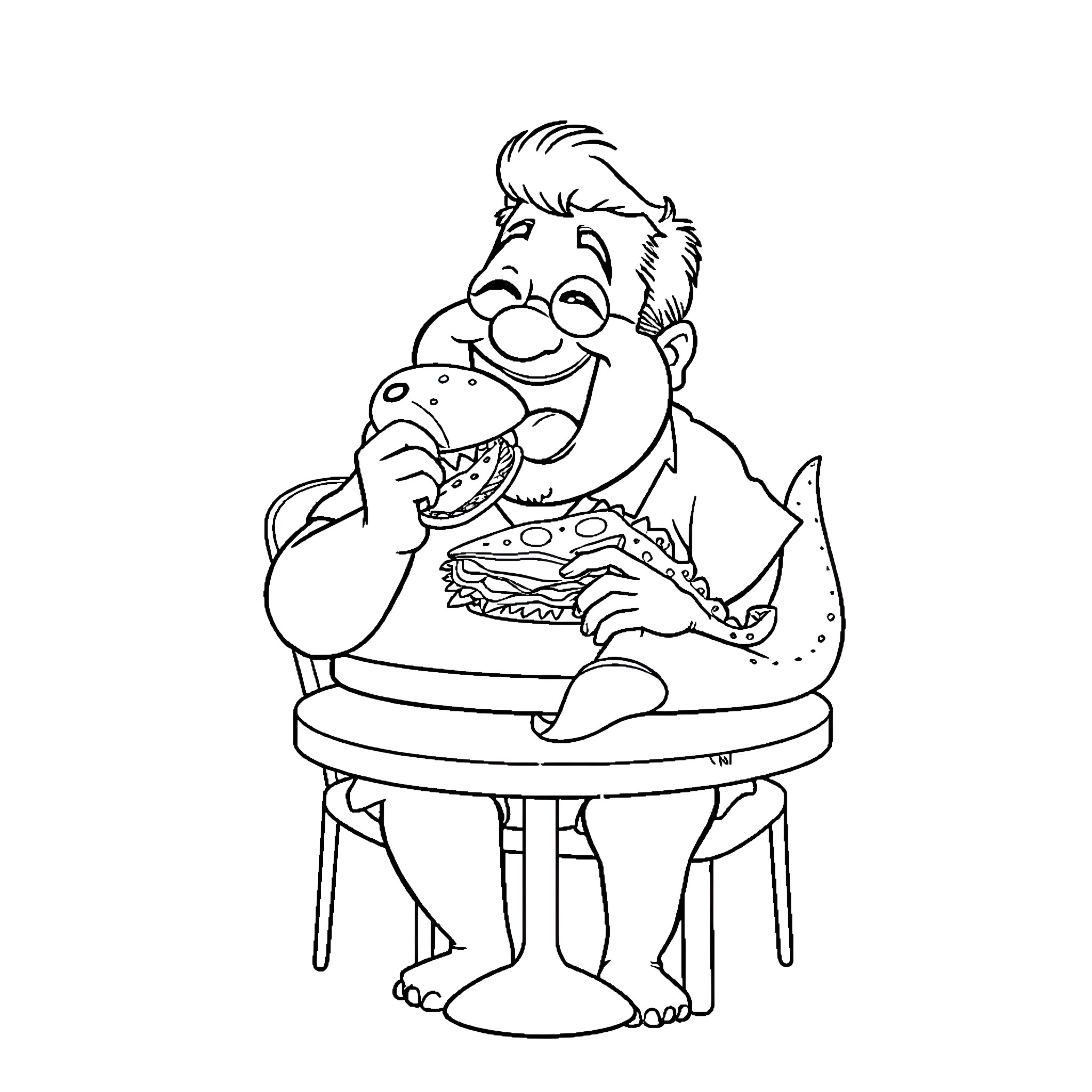 Danny DeVito Enjoying a Hearty Sandwich Coloring Page (free black-and-white line drawing printable PDF for all, from beginners to advanced learners, including children, teens, adults, and seniors)