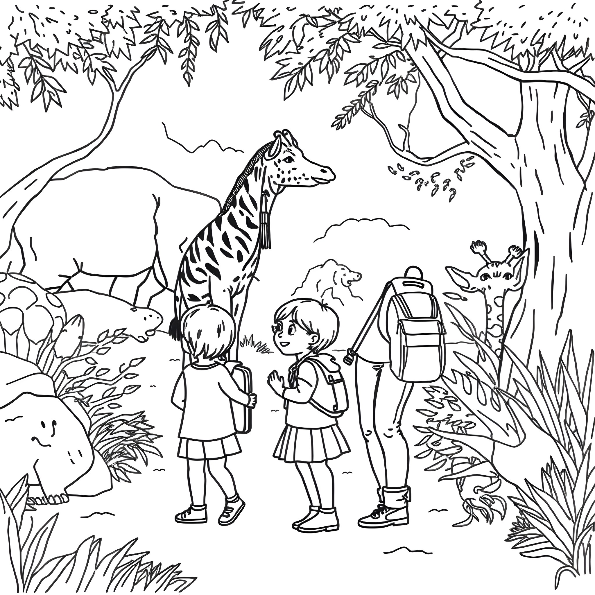 Mom and kids exploring the lush jungle landscape Coloring Page (free black-and-white line drawing printable PDF for all, from beginners to advanced learners, including children, teens, adults, and seniors)
