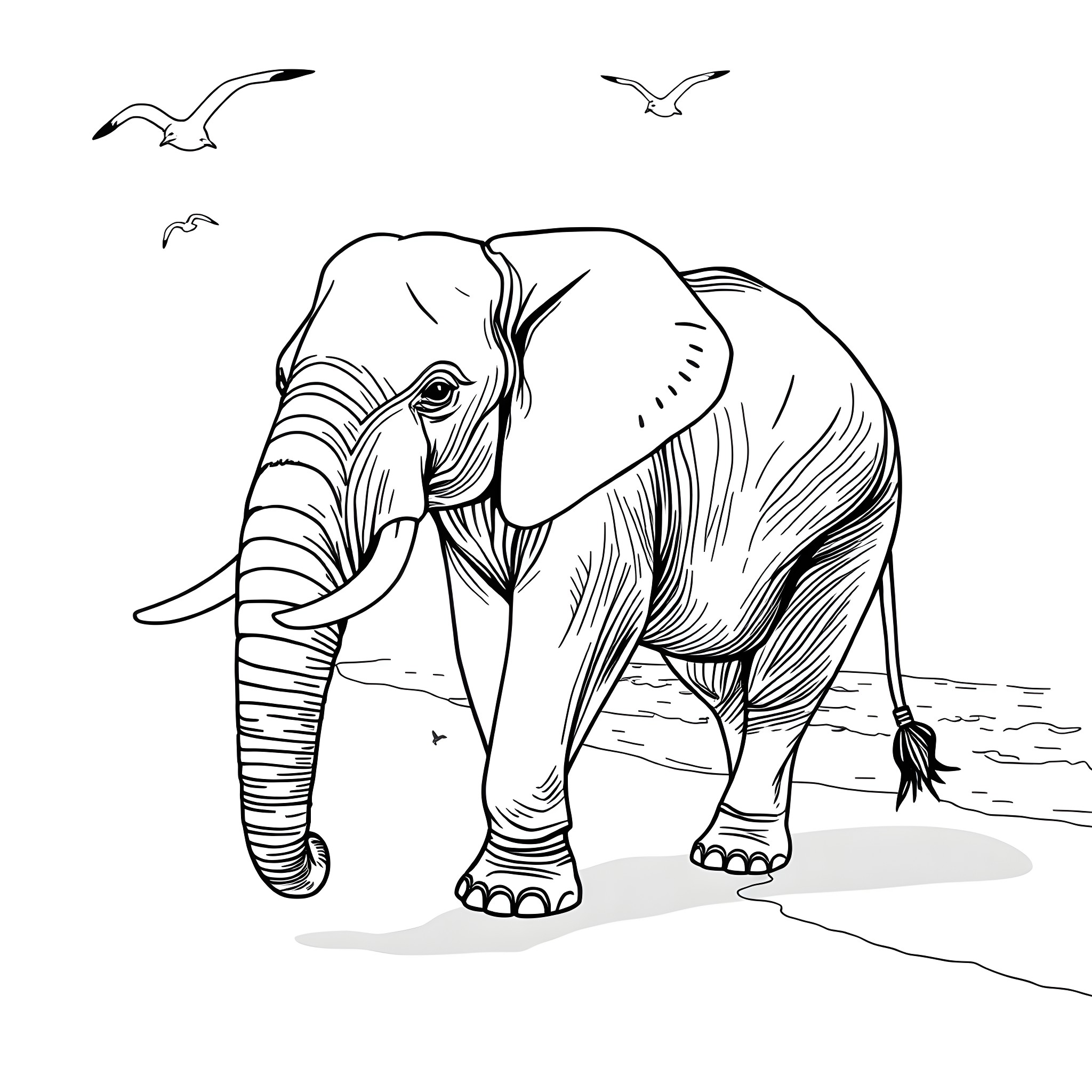 Elephant walking by the sea with seagulls Coloring Page (free black-and-white line drawing printable PDF for all, from beginners to advanced learners, including children, teens, adults, and seniors)