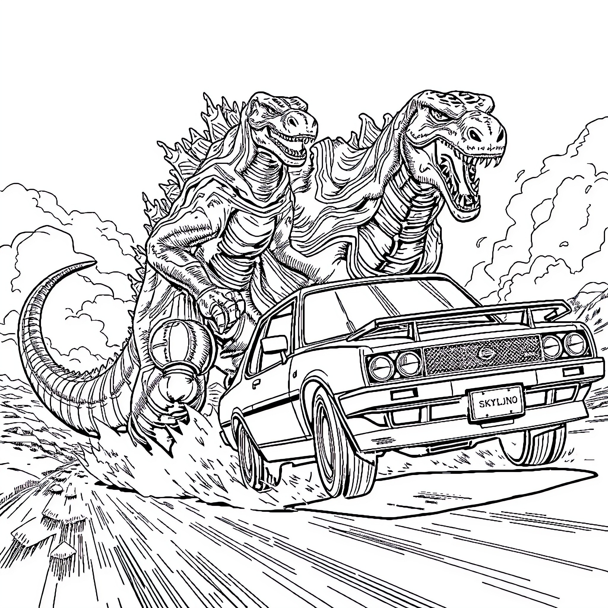 Godzilla battles a muscle car in an epic showdown Coloring Page (free black-and-white line drawing printable PDF for all, from beginners to advanced learners, including children, teens, adults, and seniors)
