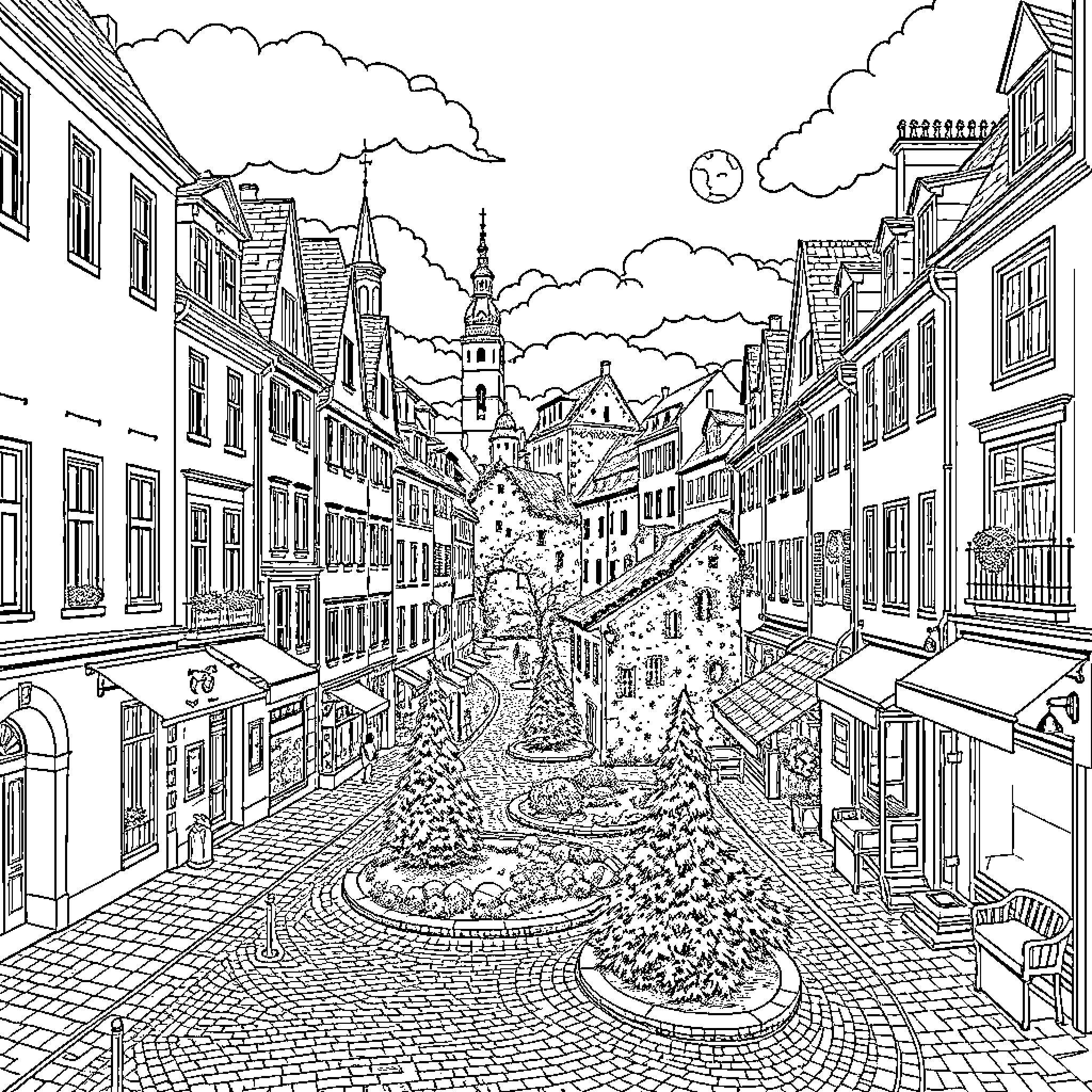 Cityscape of a busy European town square Coloring Page (free black-and-white line drawing printable PDF for all, from beginners to advanced learners, including children, teens, adults, and seniors)