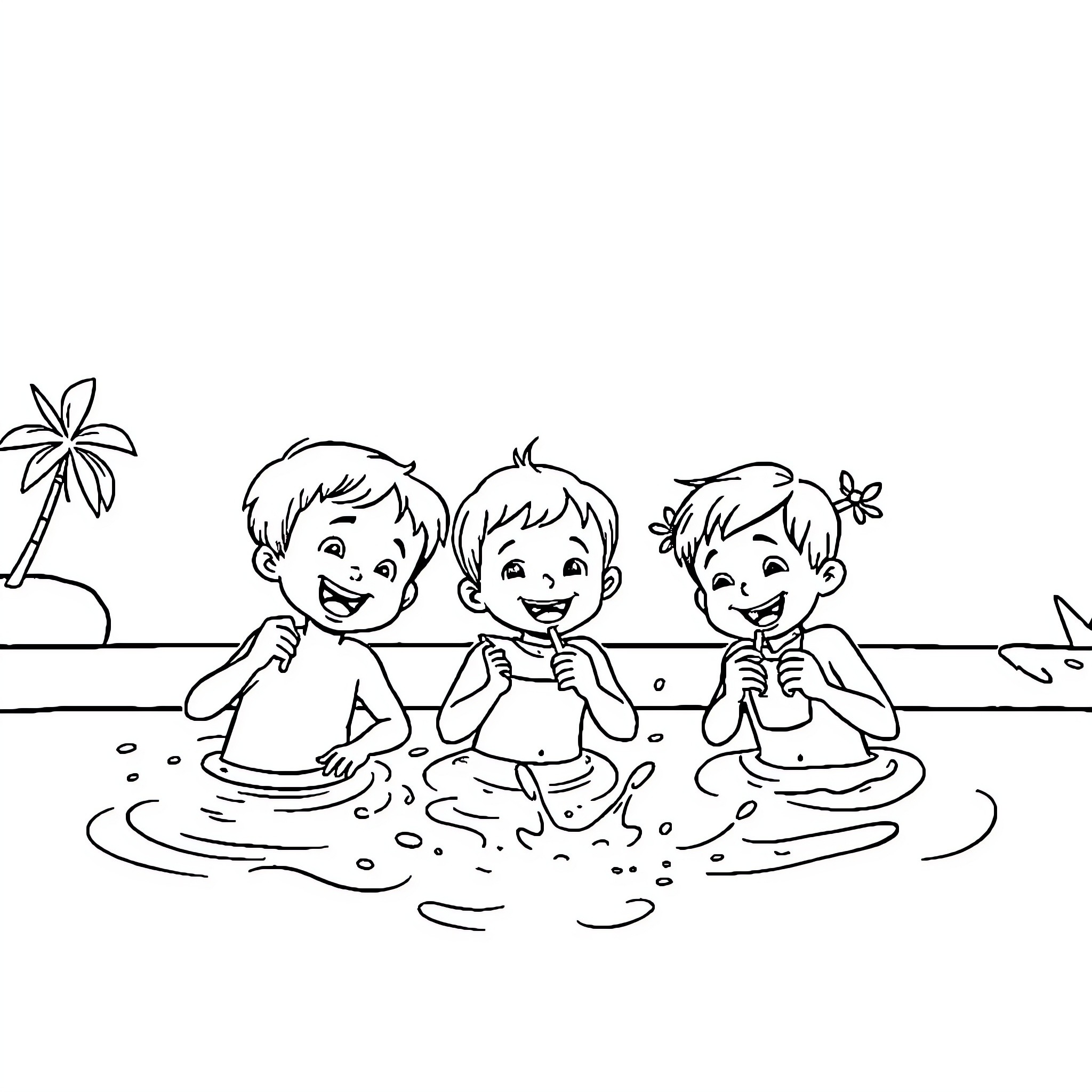 Kids splashing joyfully in the ocean Coloring Page (free black-and-white line drawing printable PDF for all, from beginners to advanced learners, including children, teens, adults, and seniors)