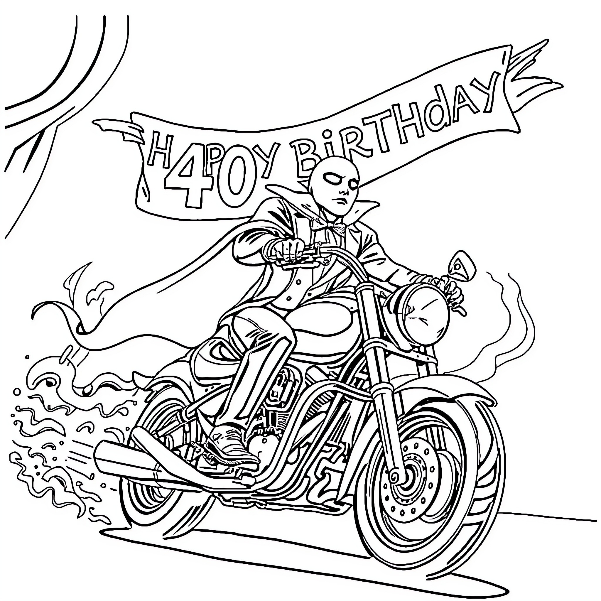 Phantom Biker Celebrates 40th Birthday Coloring Page (free black-and-white line drawing printable PDF for all, from beginners to advanced learners, including children, teens, adults, and seniors)