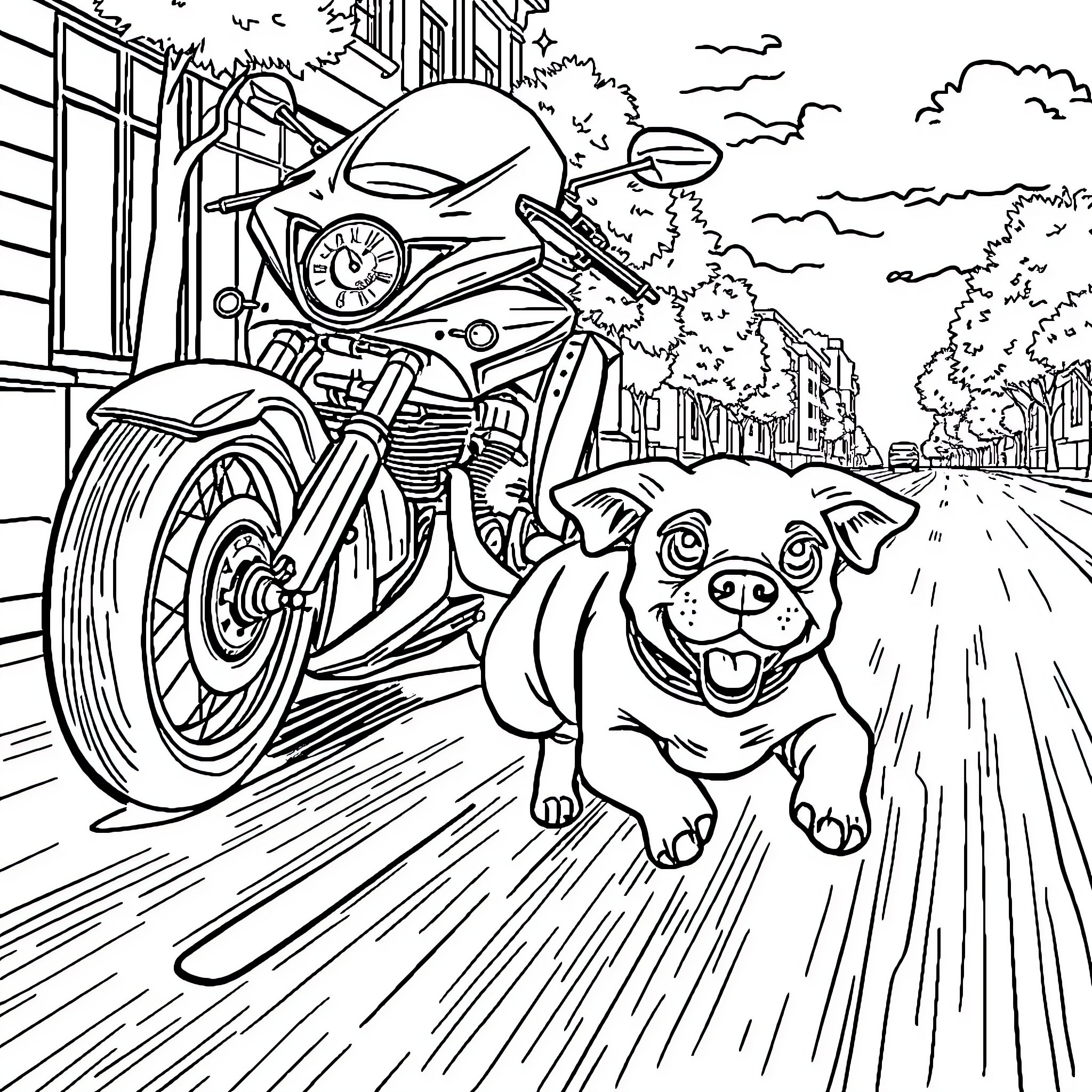 Dog happily riding on motorcycle in the city Coloring Page (free black-and-white line drawing printable PDF for all, from beginners to advanced learners, including children, teens, adults, and seniors)