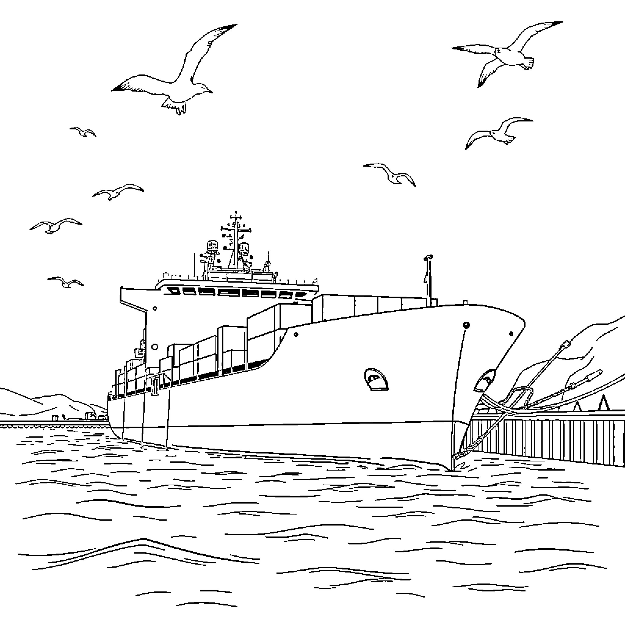 Cargo Ship Departing from Harbor with Seagulls Coloring Page (free black-and-white line drawing printable PDF for all, from beginners to advanced learners, including children, teens, adults, and seniors)