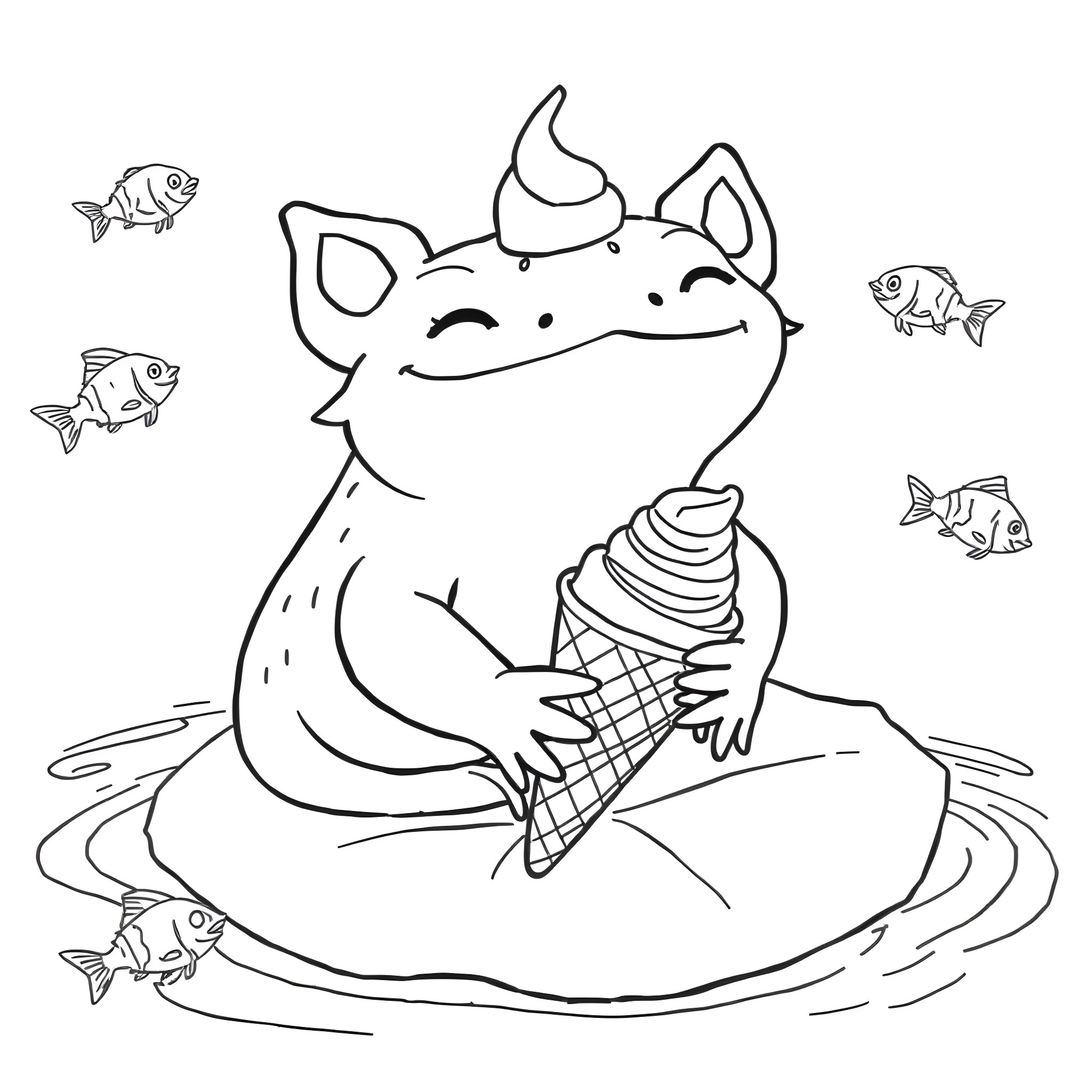 Axolotl enjoying a tasty ice cream treat Coloring Page (free black-and-white line drawing printable PDF for all, from beginners to advanced learners, including children, teens, adults, and seniors)