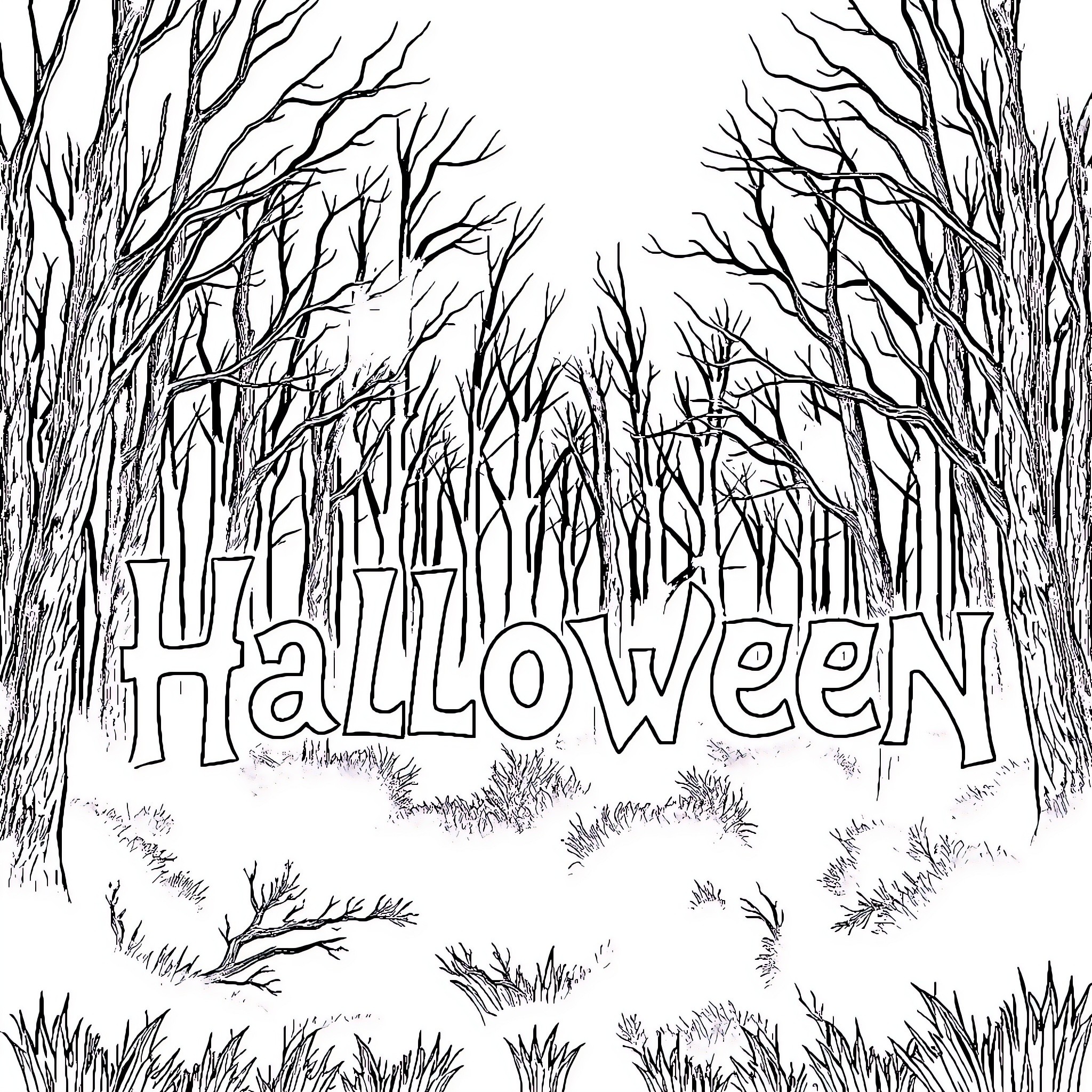 Halloween in the Spooky Forest Coloring Page (free black-and-white line drawing printable PDF for all, from beginners to advanced learners, including children, teens, adults, and seniors)