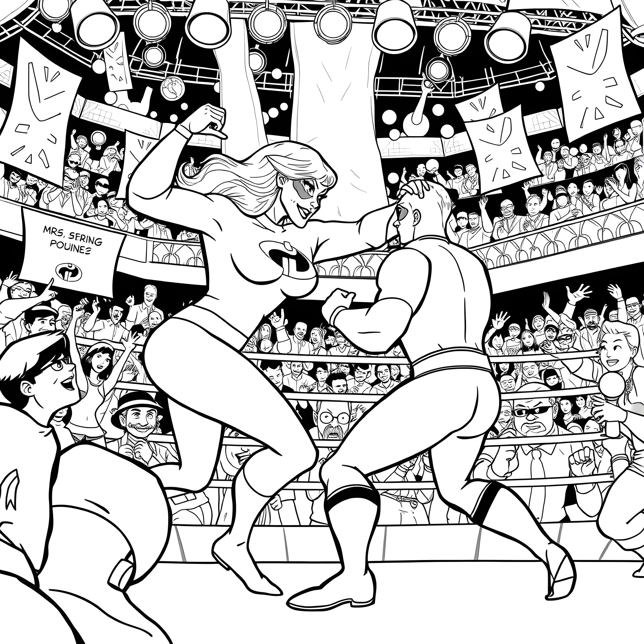 Mrs. Incredible powers on display at a wrestling event Coloring Page (free black-and-white line drawing printable PDF for all, from beginners to advanced learners, including children, teens, adults, and seniors)