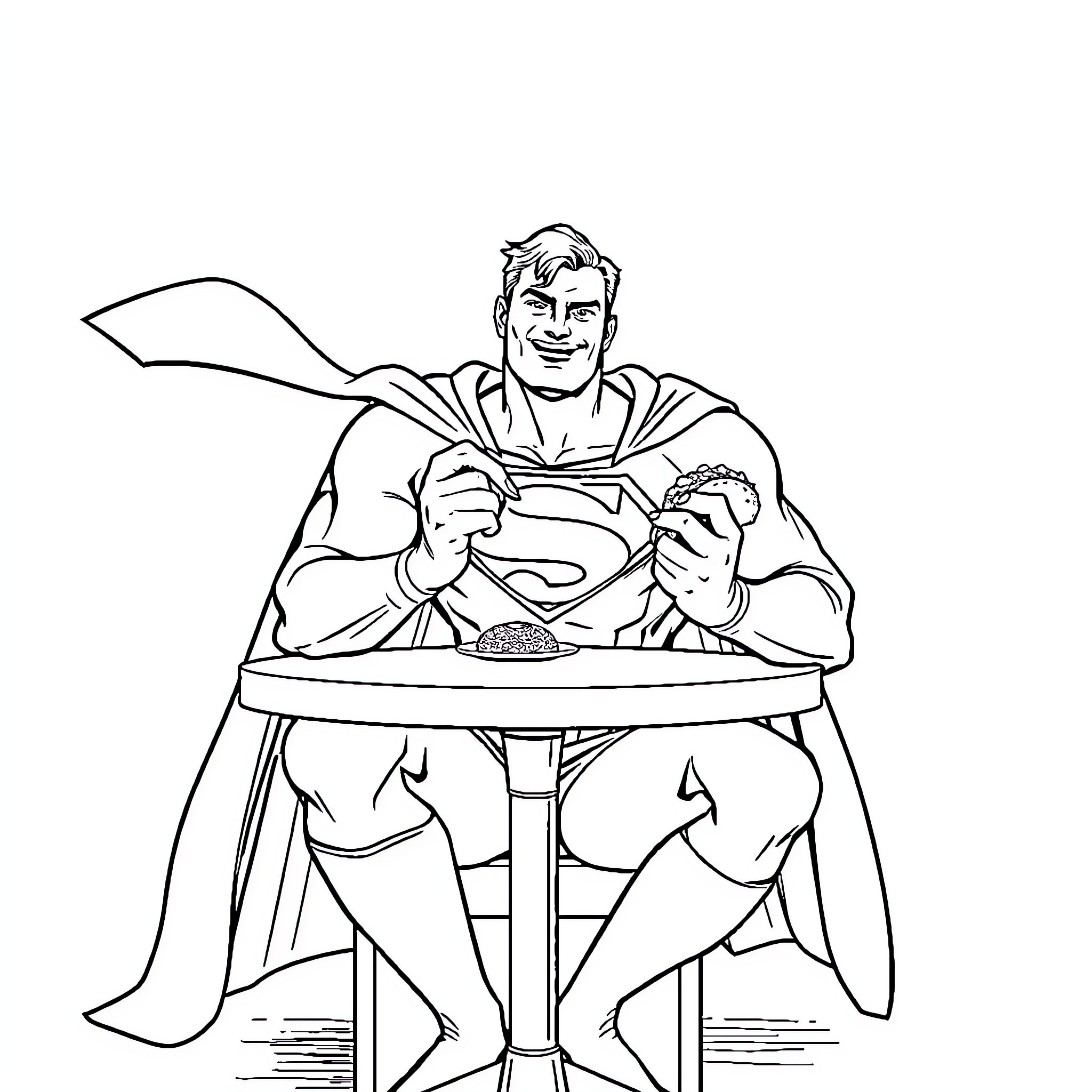 Superman Enjoying a Hearty Meal Coloring Page (free black-and-white line drawing printable PDF for all, from beginners to advanced learners, including children, teens, adults, and seniors)
