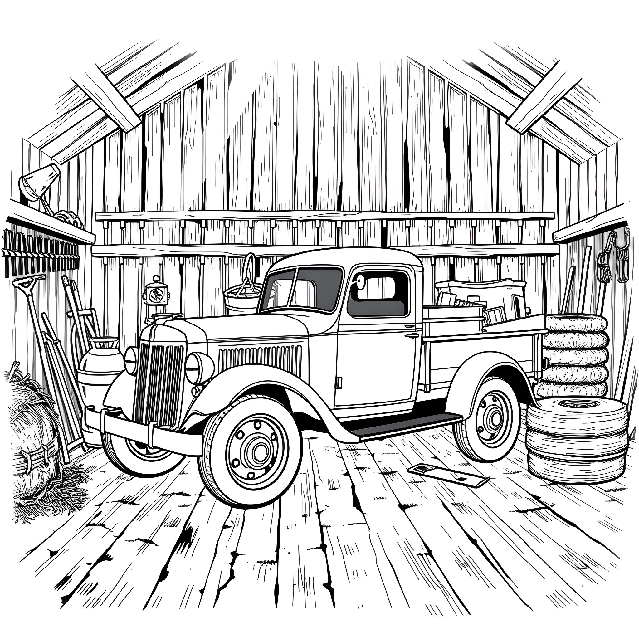 Truck parked in rustic barn with tools and equipment Coloring Page (free black-and-white line drawing printable PDF for all, from beginners to advanced learners, including children, teens, adults, and seniors)