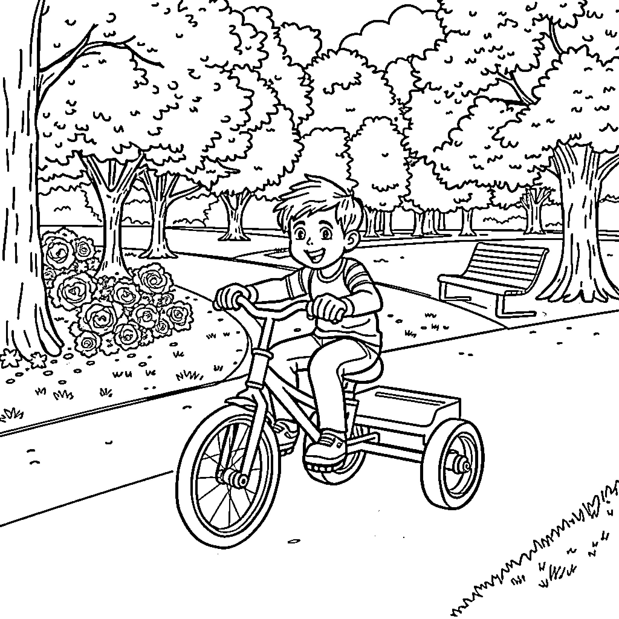 Morgan Wallen enjoying a bike ride in the park Coloring Page (free black-and-white line drawing printable PDF for all, from beginners to advanced learners, including children, teens, adults, and seniors)