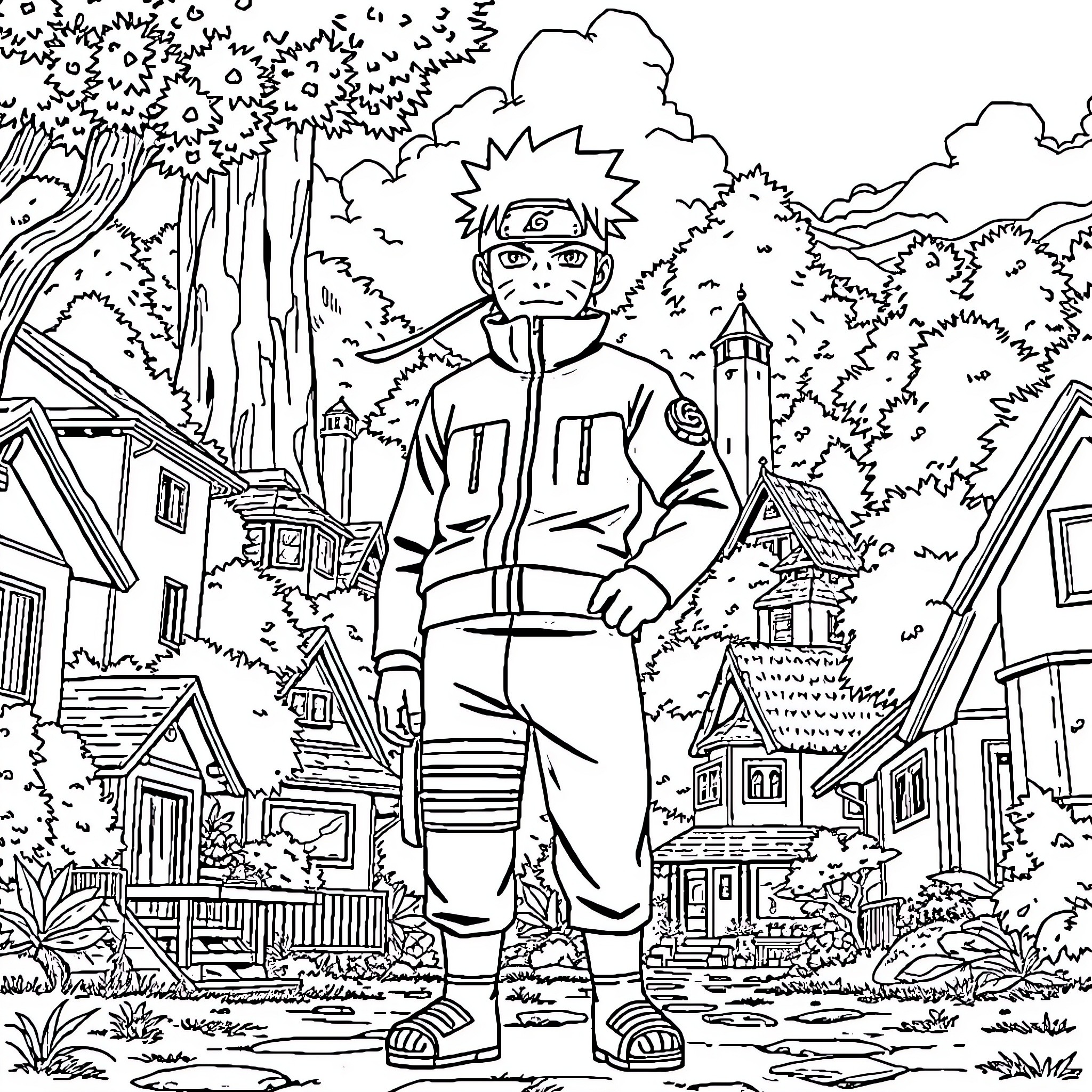 Naruto exploring the vibrant village Coloring Page (free black-and-white line drawing printable PDF for all, from beginners to advanced learners, including children, teens, adults, and seniors)