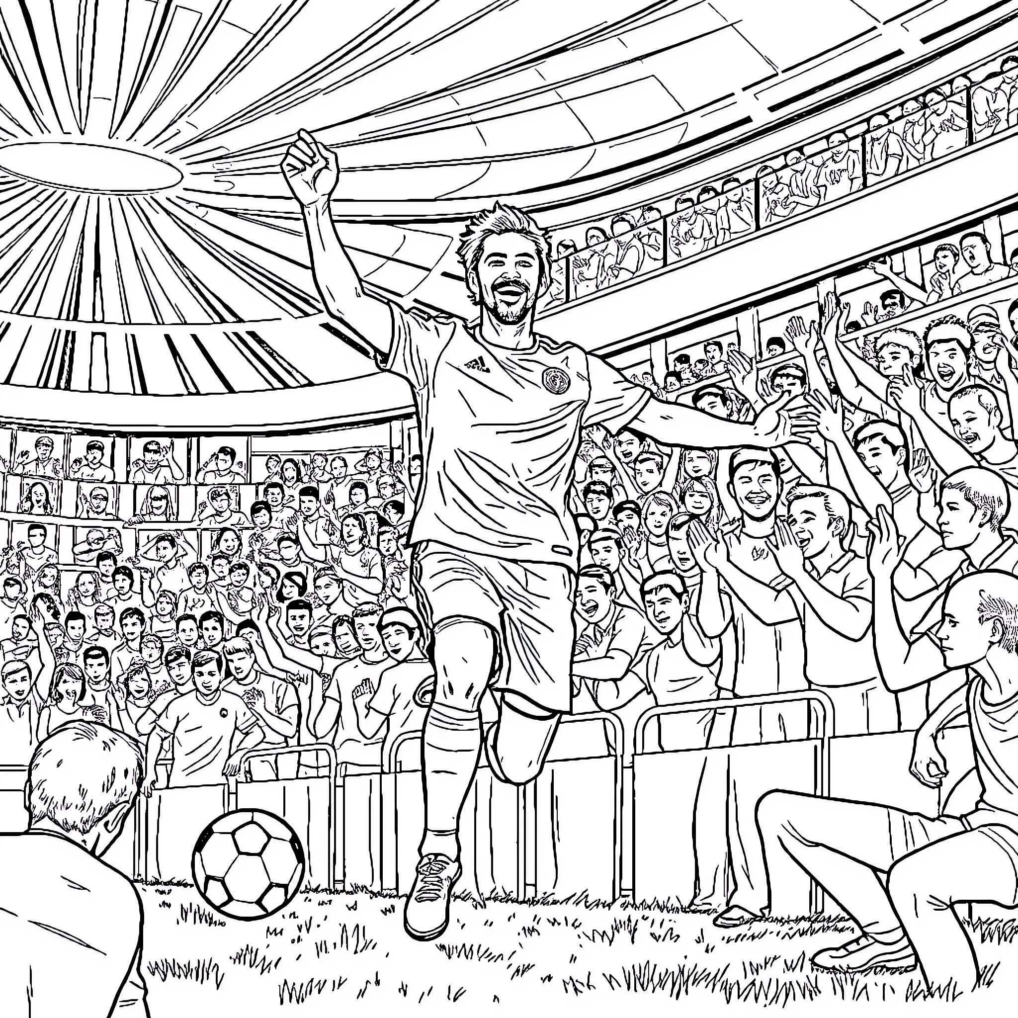 Footballeur celebrating victory with enthusiastic fans Coloring Page (free black-and-white line drawing printable PDF for all, from beginners to advanced learners, including children, teens, adults, and seniors)
