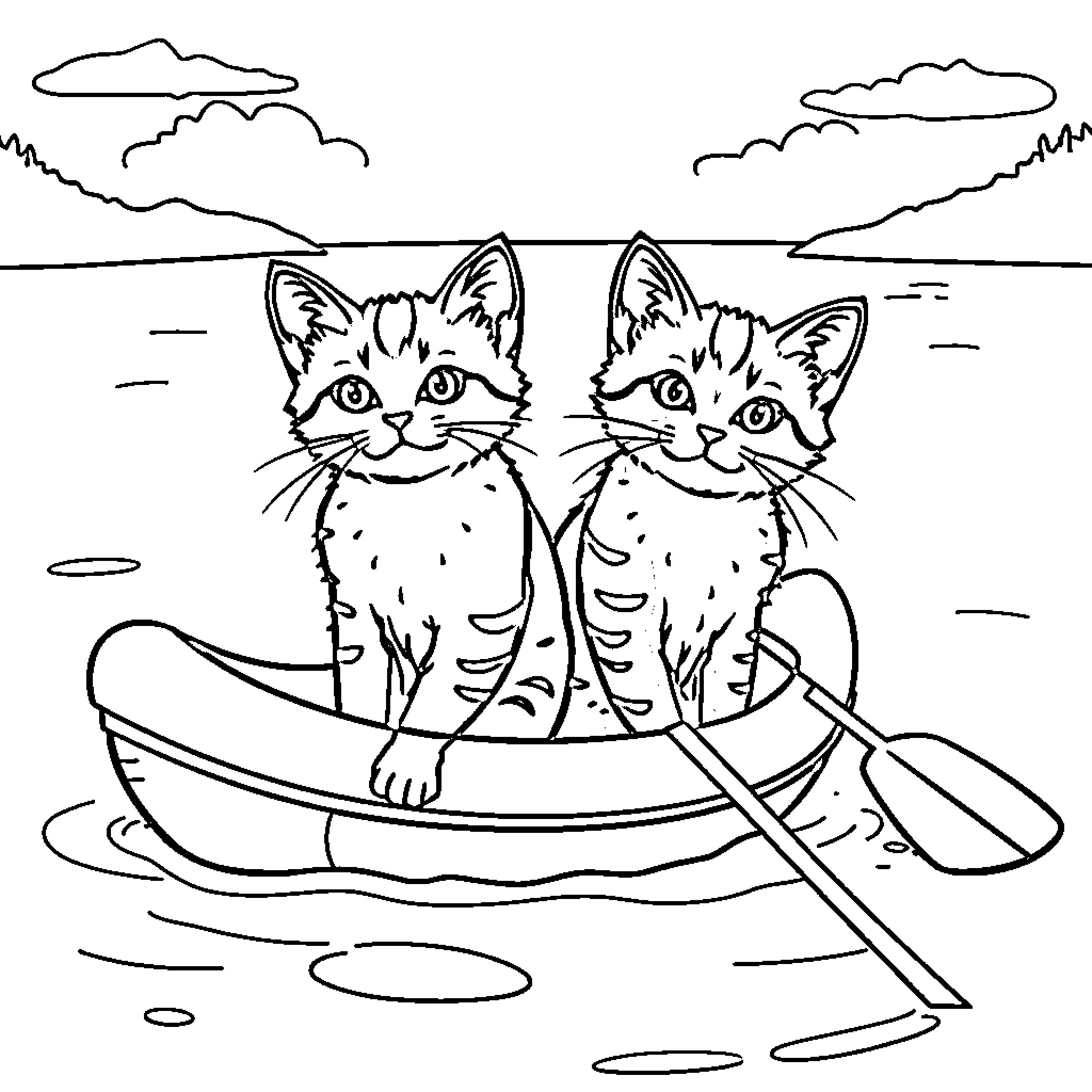 Cats paddling in a boat on the lake Coloring Page (free black-and-white line drawing printable PDF for all, from beginners to advanced learners, including children, teens, adults, and seniors)