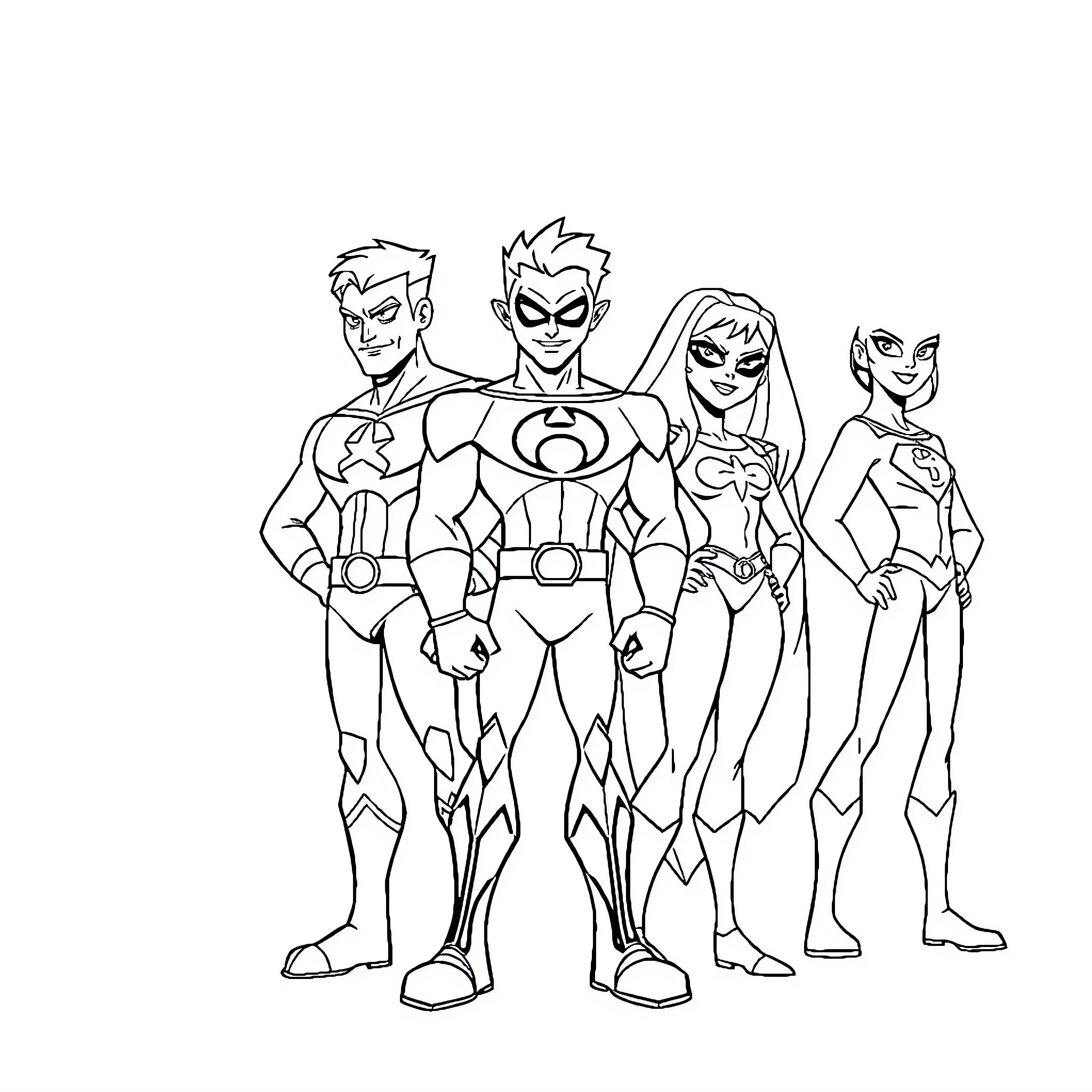 Teen Titans in Heroic Poses Coloring Page (free black-and-white line drawing printable PDF for all, from beginners to advanced learners, including children, teens, adults, and seniors)