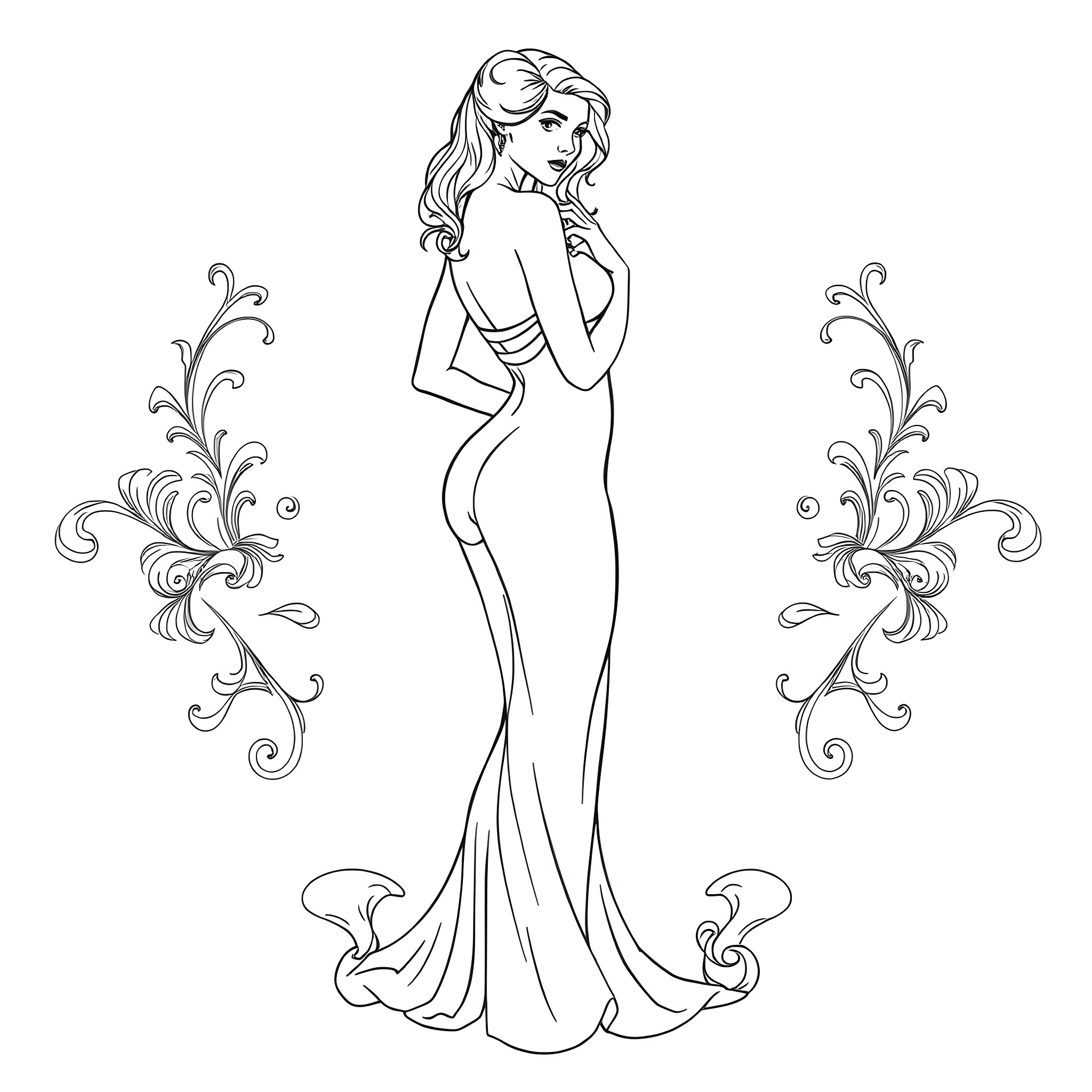 Woman in elegant formal gown posing gracefully Coloring Page (free black-and-white line drawing printable PDF for all, from beginners to advanced learners, including children, teens, adults, and seniors)