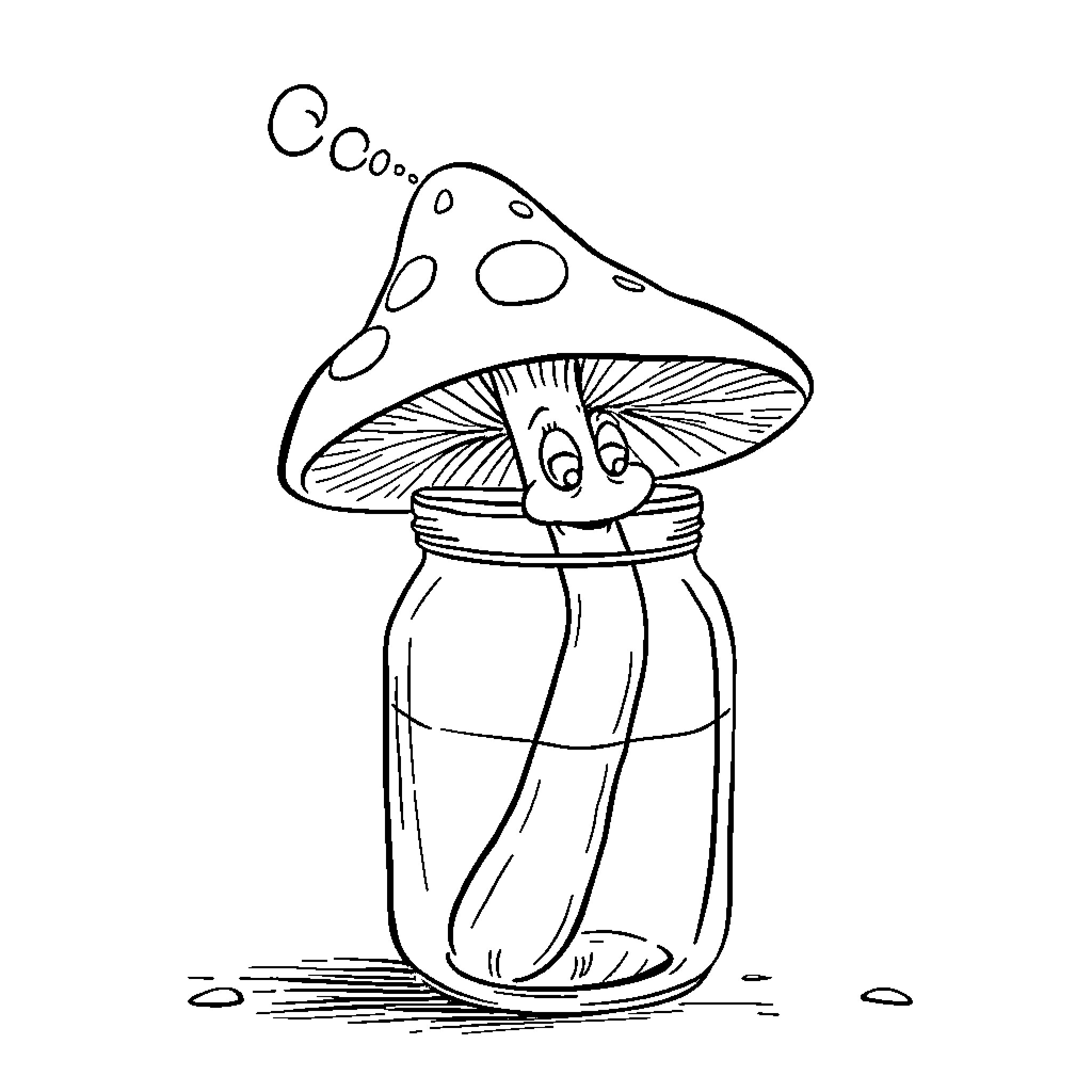 Mushroom character in a glass jar Coloring Page (free black-and-white line drawing printable PDF for all, from beginners to advanced learners, including children, teens, adults, and seniors)