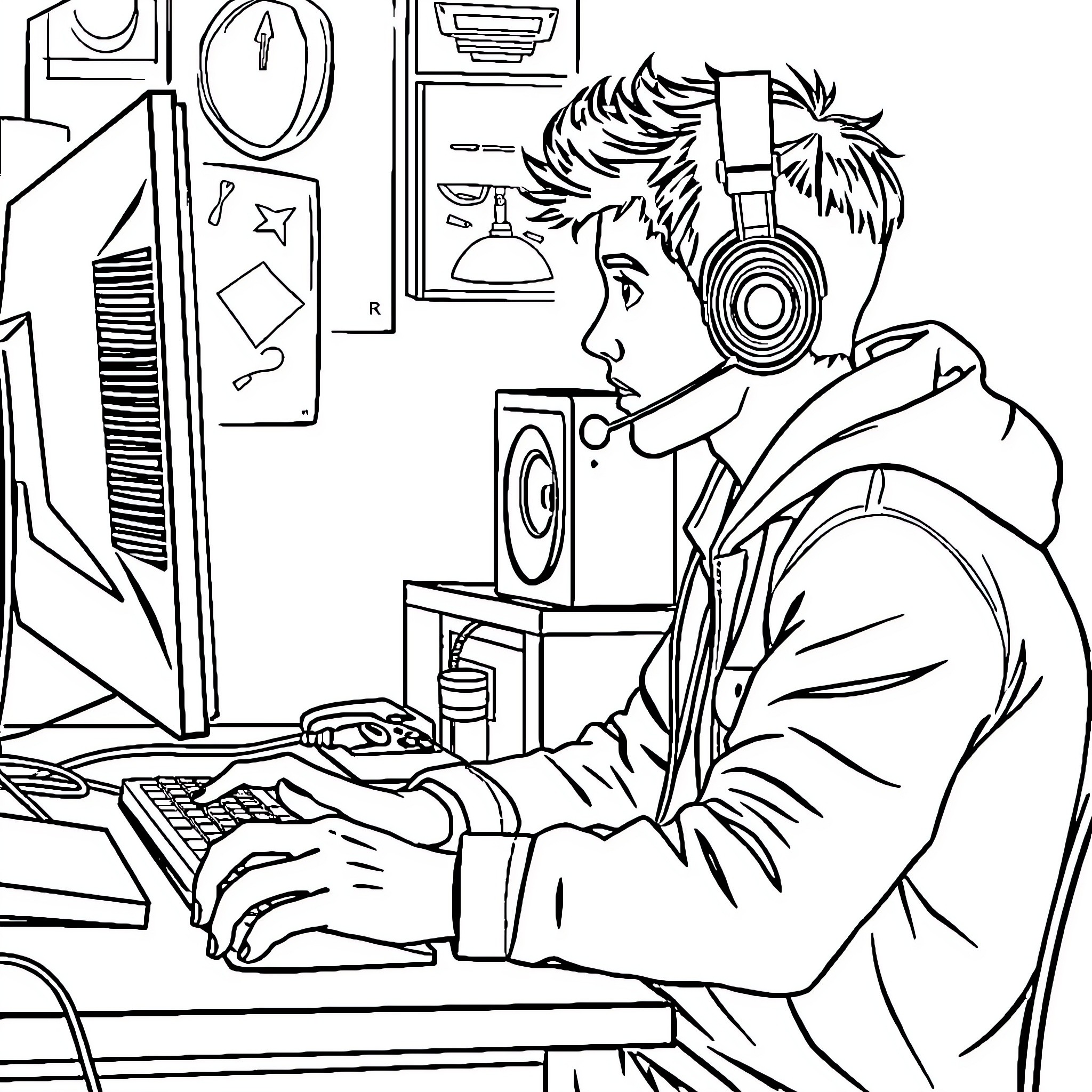 Michael working intently on a computer with headphones Coloring Page (free black-and-white line drawing printable PDF for all, from beginners to advanced learners, including children, teens, adults, and seniors)