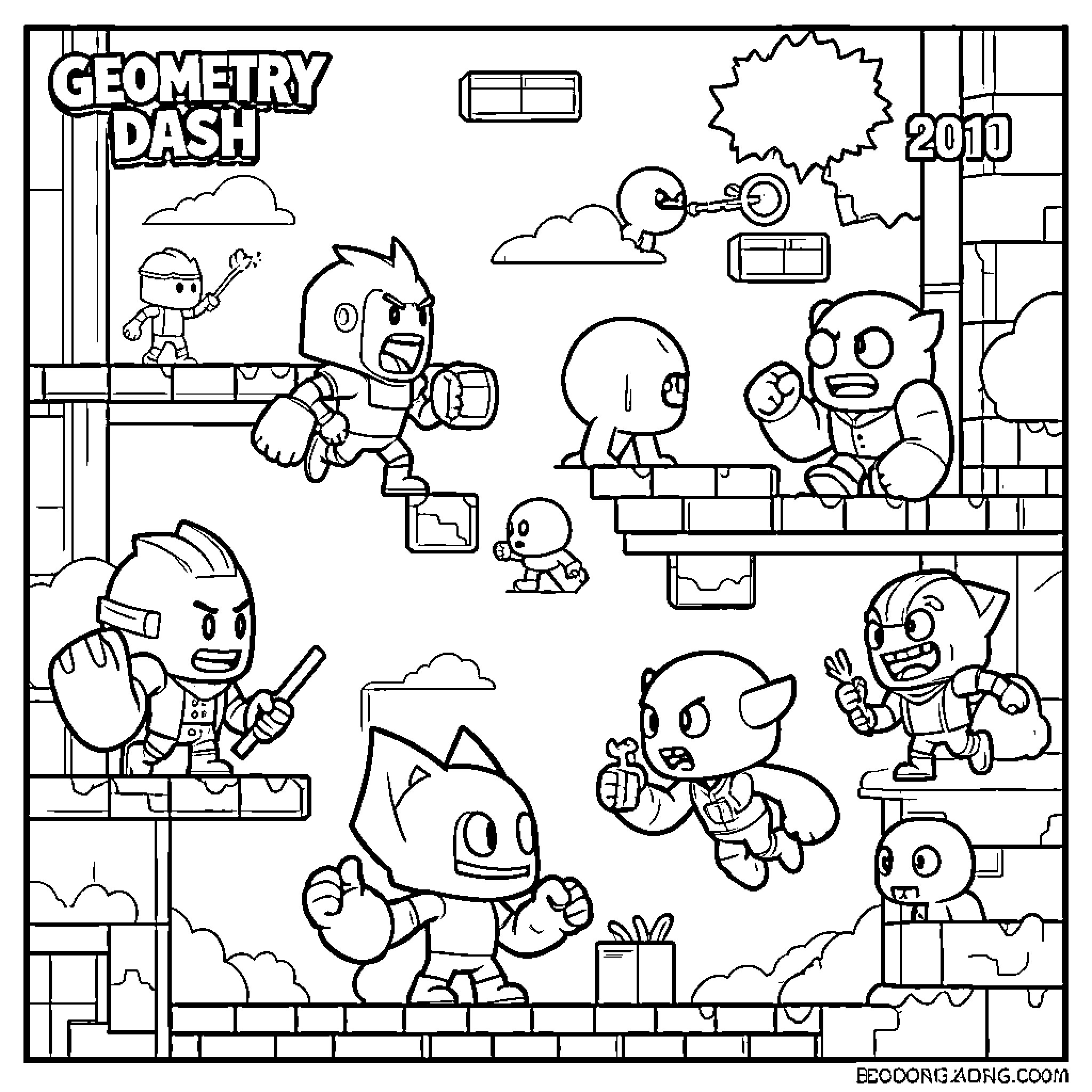 Boss characters engaging in various energetic actions Coloring Page (free black-and-white line drawing printable PDF for all, from beginners to advanced learners, including children, teens, adults, and seniors)