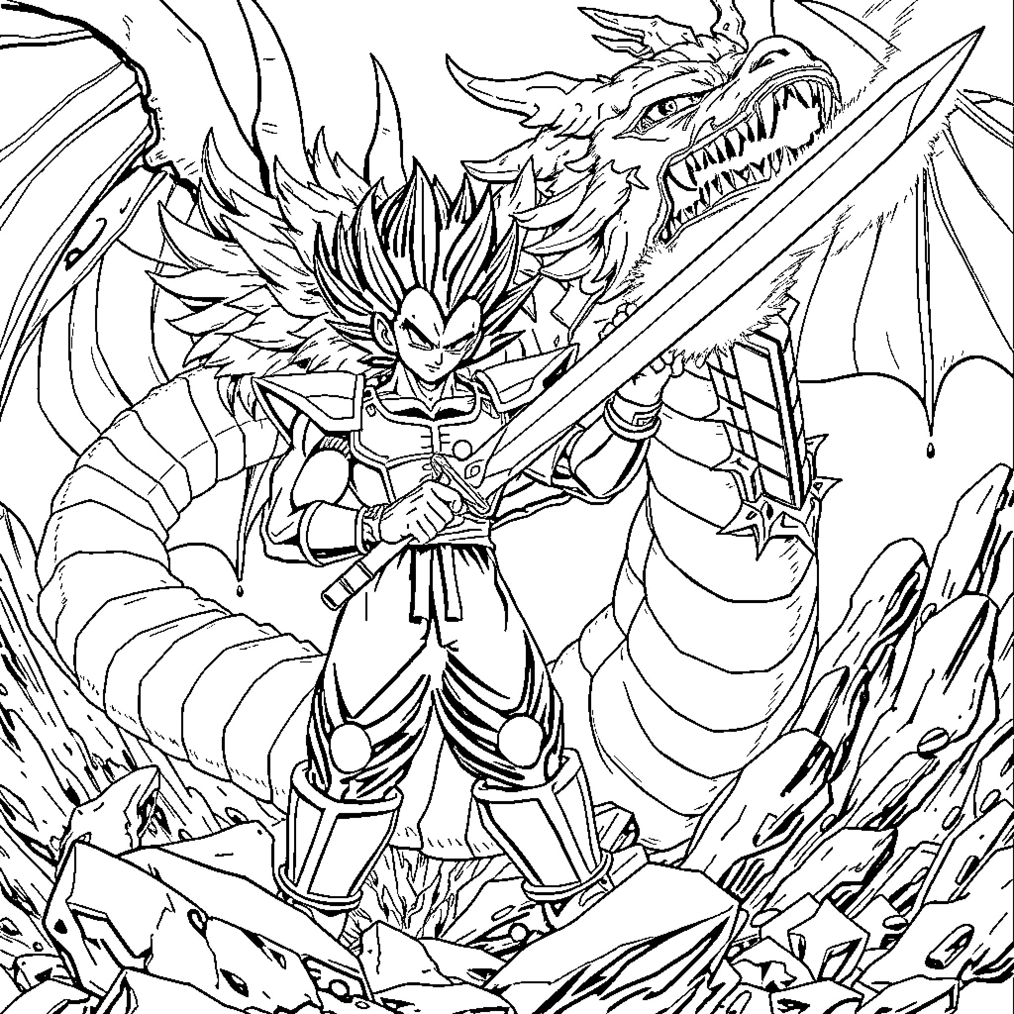 Vegeta's Fierce Dragon Warrior Battle Coloring Page (free black-and-white line drawing printable PDF for all, from beginners to advanced learners, including children, teens, adults, and seniors)