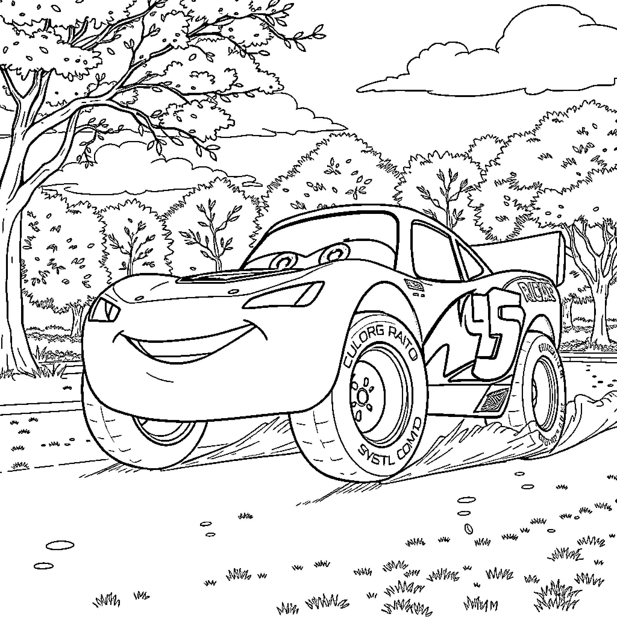Rayo McQueen racing in the forest Coloring Page (free black-and-white line drawing printable PDF for all, from beginners to advanced learners, including children, teens, adults, and seniors)