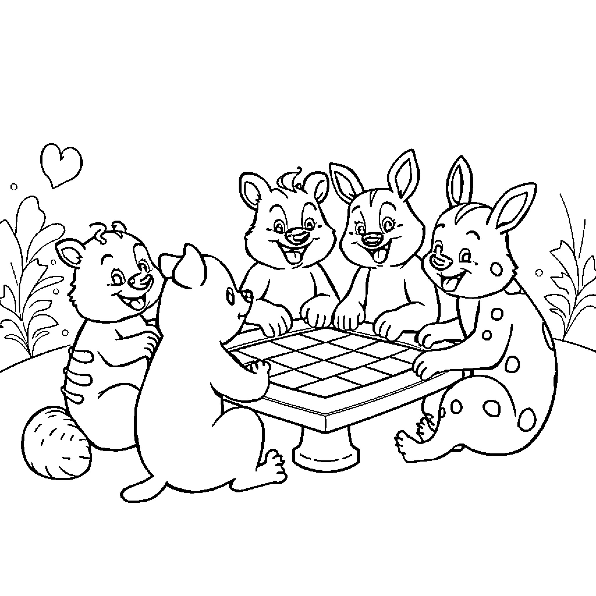 Critter friends playing a board game together Coloring Page (free black-and-white line drawing printable PDF for all, from beginners to advanced learners, including children, teens, adults, and seniors)
