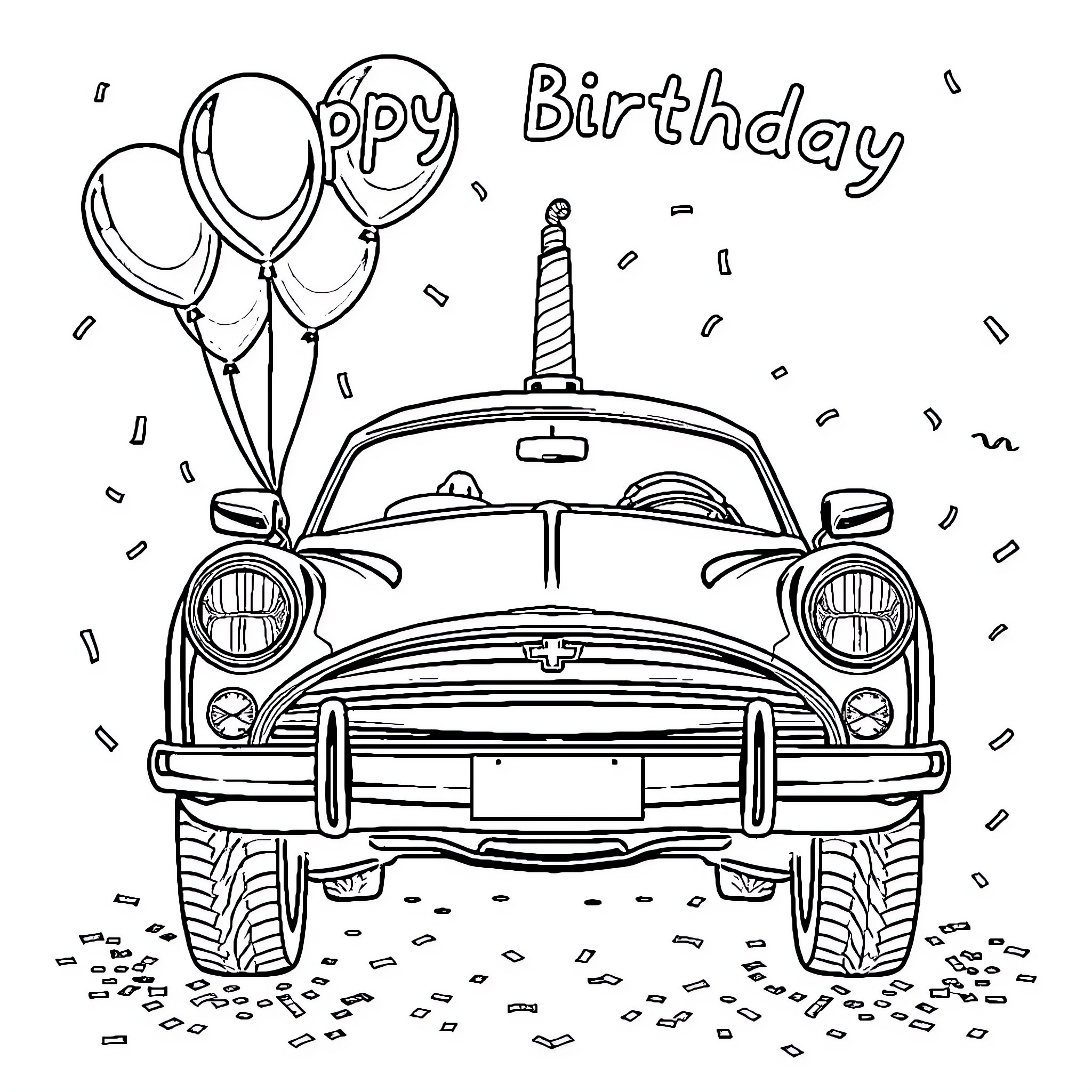 Car celebrating happy birthday with balloons Coloring Page (free black-and-white line drawing printable PDF for all, from beginners to advanced learners, including children, teens, adults, and seniors)