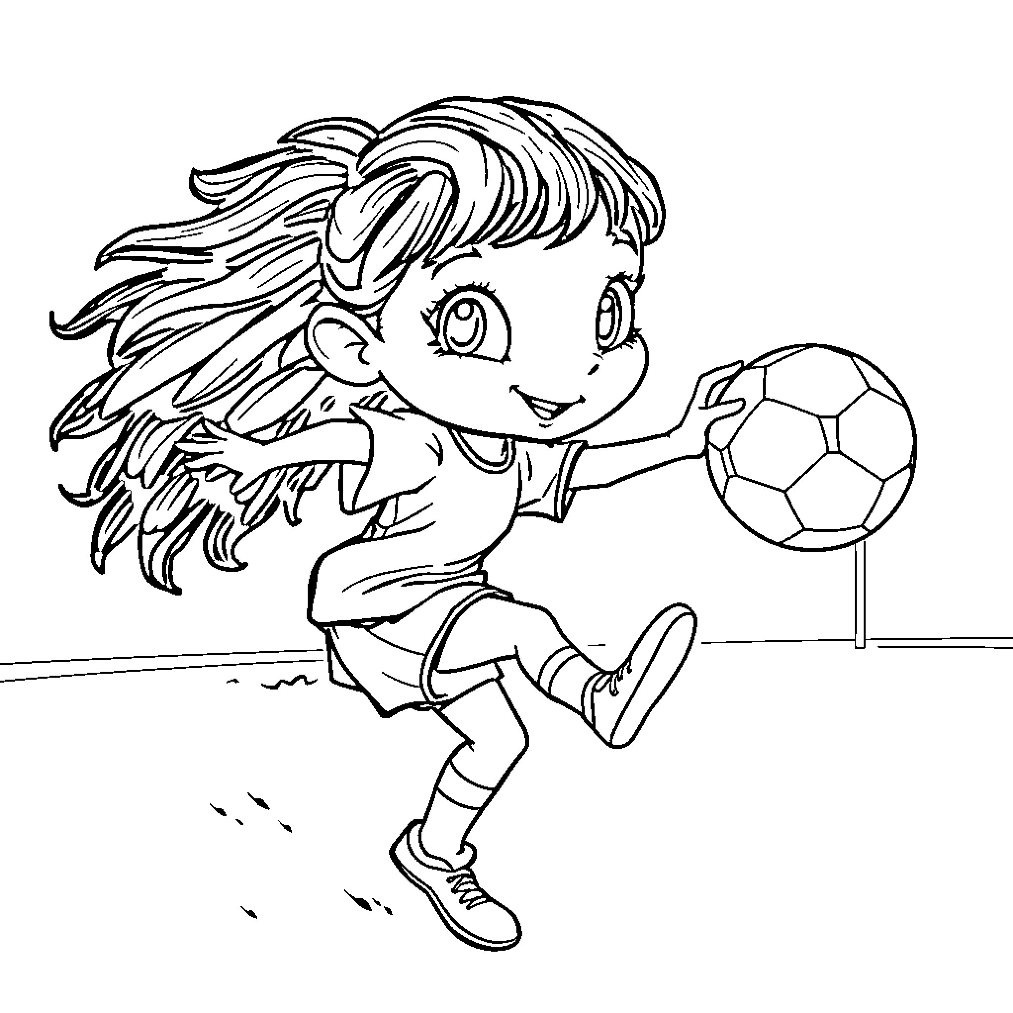 Nina Playing Happily with Soccer Ball Coloring Page (free black-and-white line drawing printable PDF for all, from beginners to advanced learners, including children, teens, adults, and seniors)