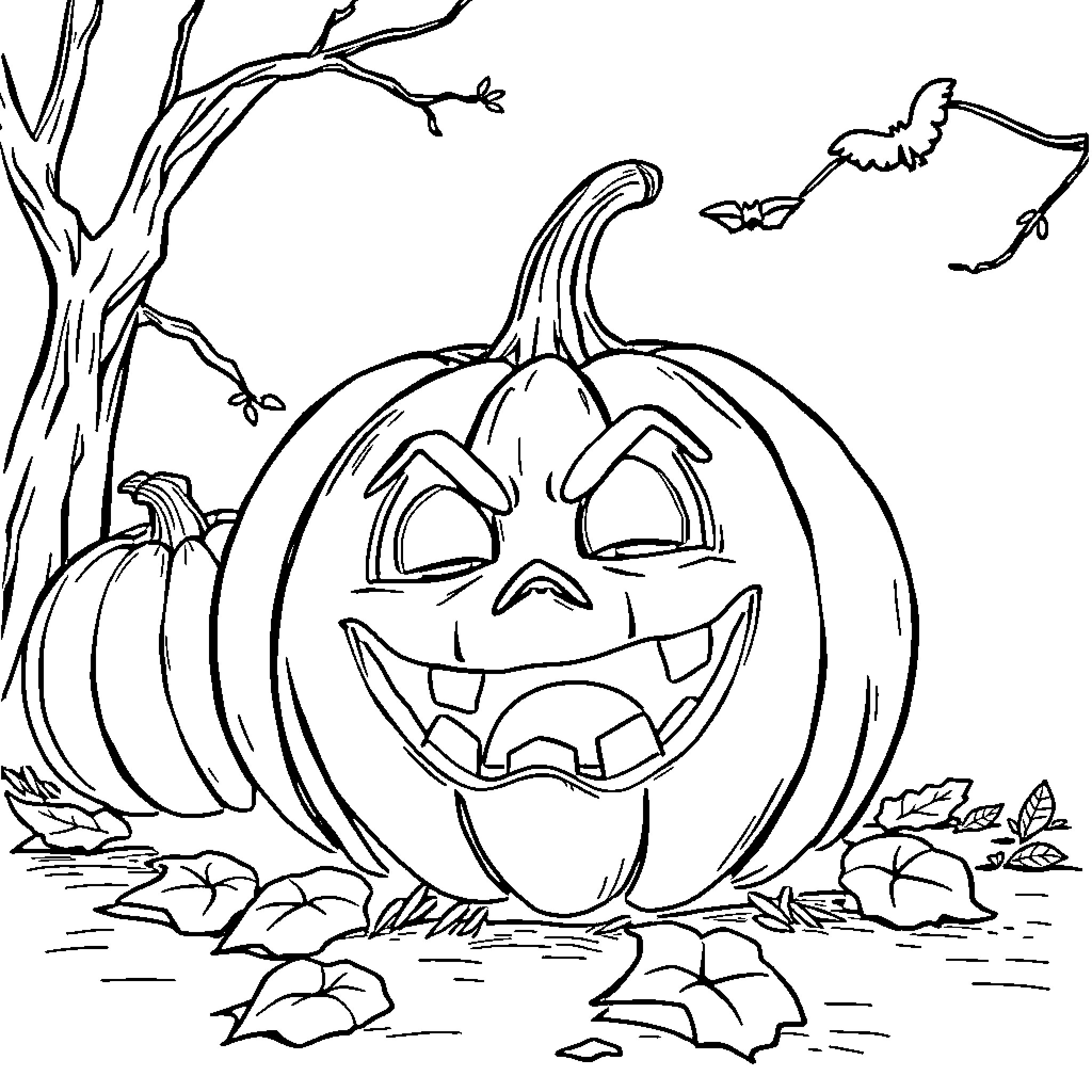Pumpkin with spooky expression in autumn scene Coloring Page (free black-and-white line drawing printable PDF for all, from beginners to advanced learners, including children, teens, adults, and seniors)