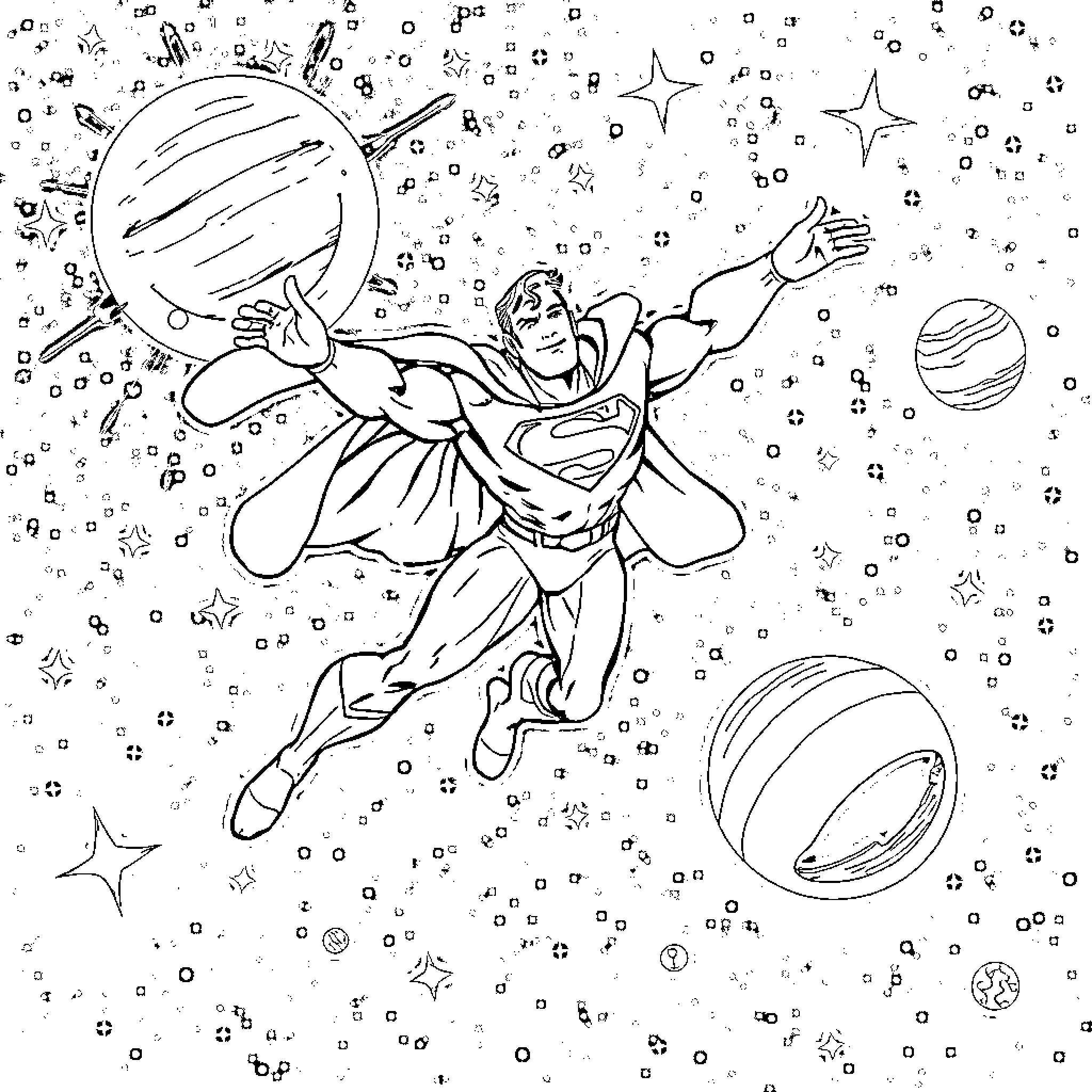Superman soaring through the cosmic space Coloring Page (free black-and-white line drawing printable PDF for all, from beginners to advanced learners, including children, teens, adults, and seniors)
